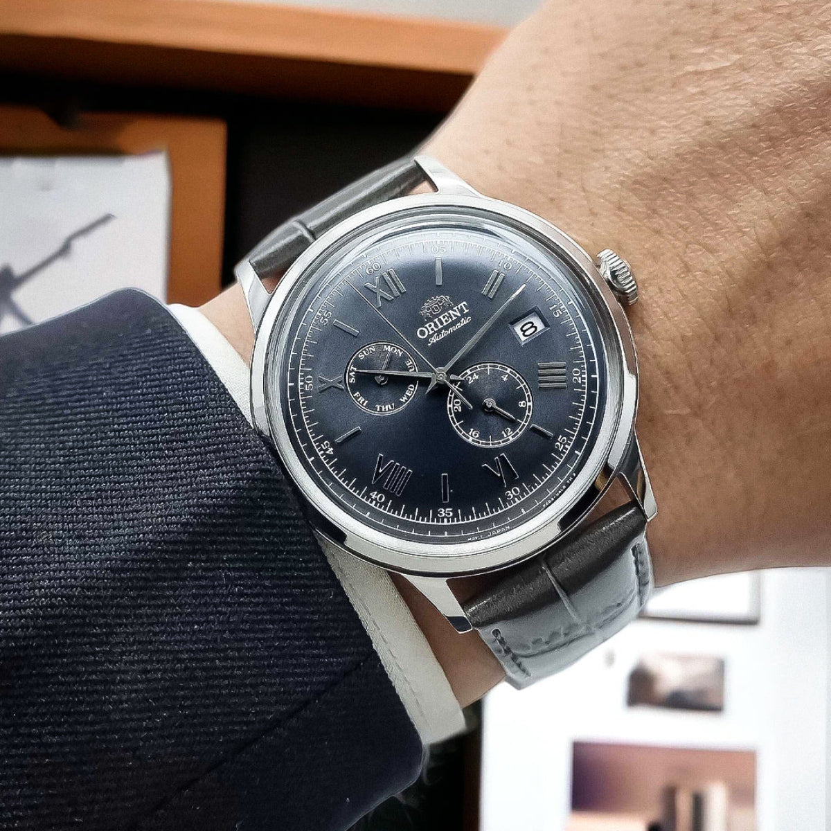 Orient Bambino RA-AK0704N30B automatic dress watch worn on wrist