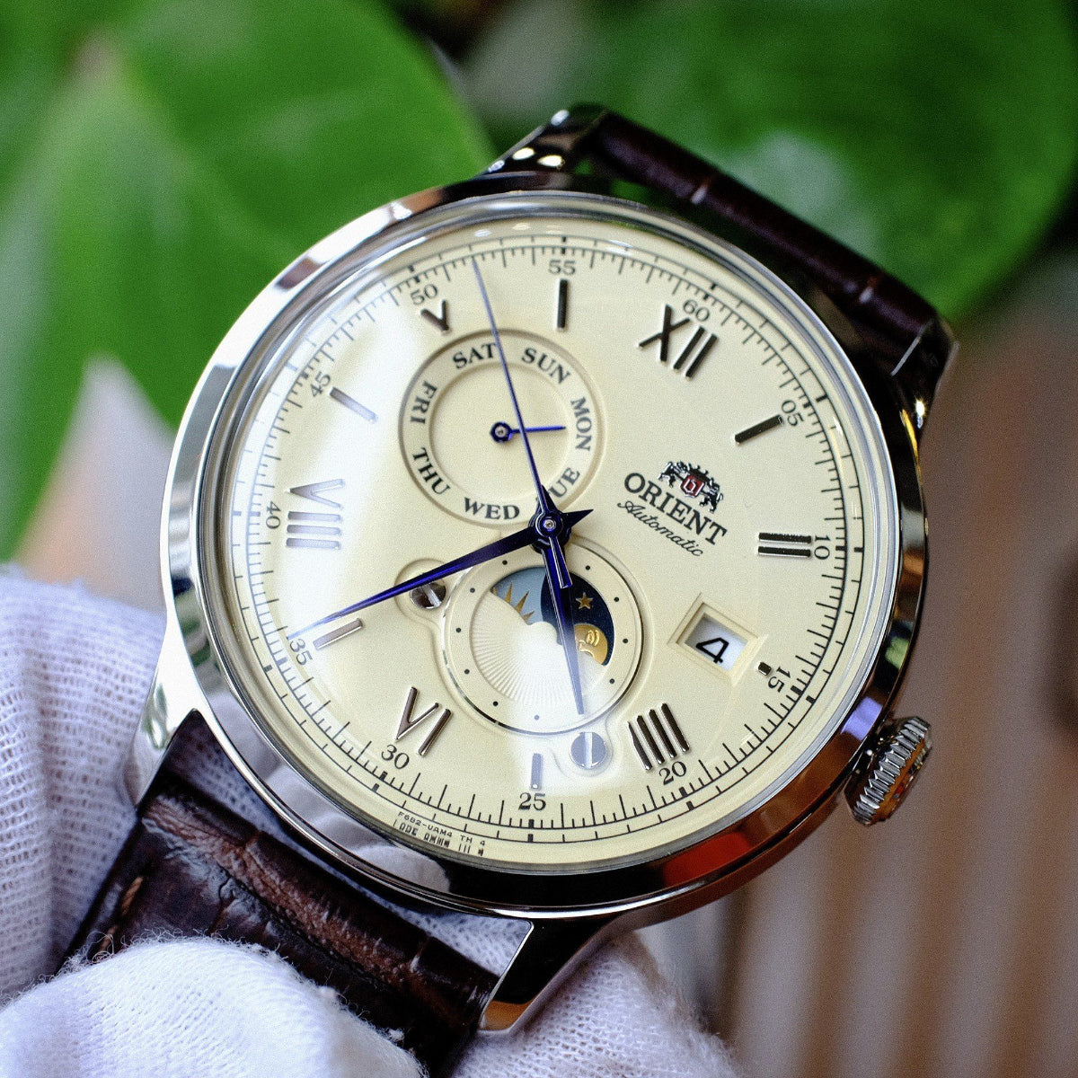 Orient Bambino 41.5mm Sun & Moon Champagne Dial Leather Mens Automatic Watch RA-AK0803Y30B