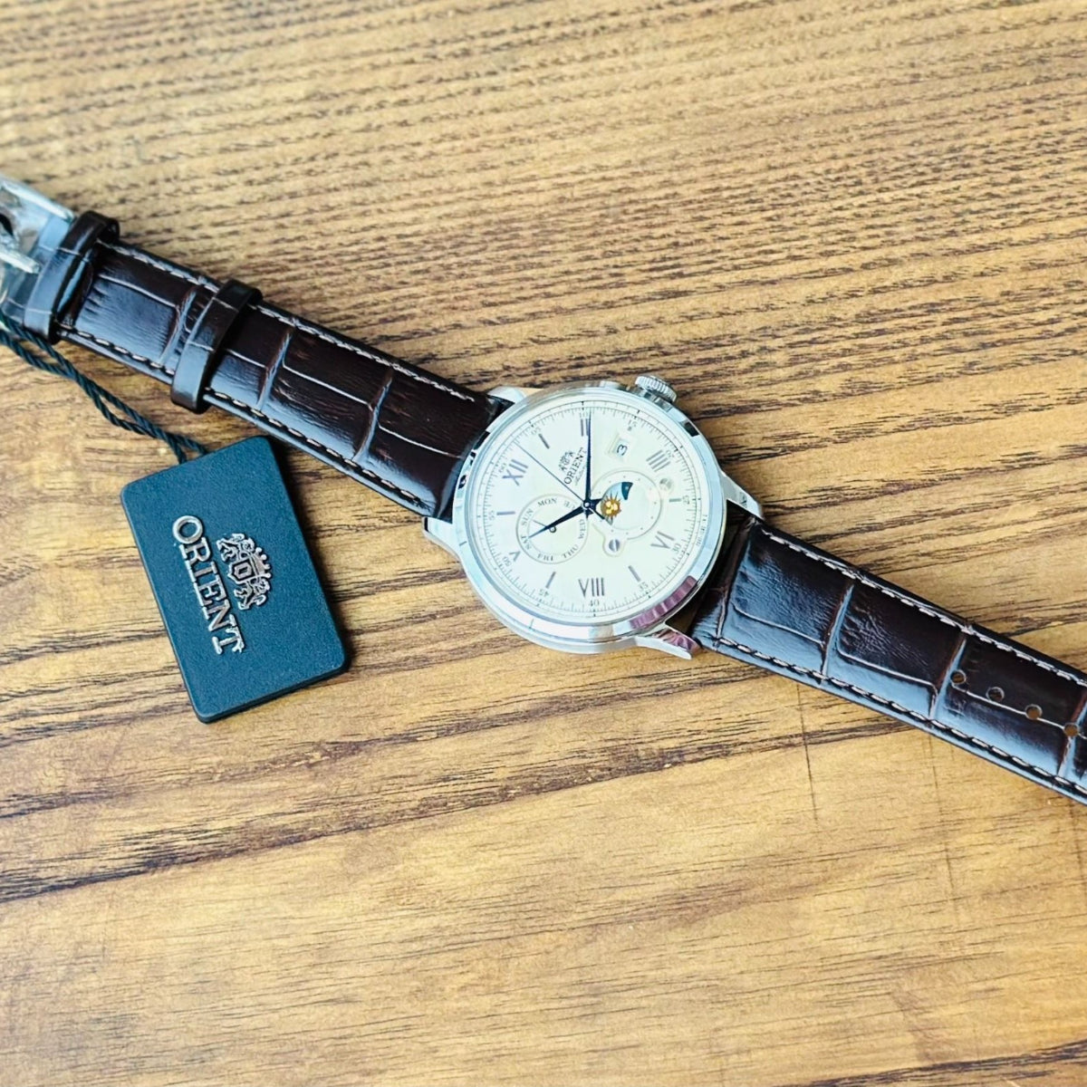 Orient Bambino 41.5mm Sun & Moon Champagne Dial Leather Mens Automatic Watch RA-AK0803Y30B