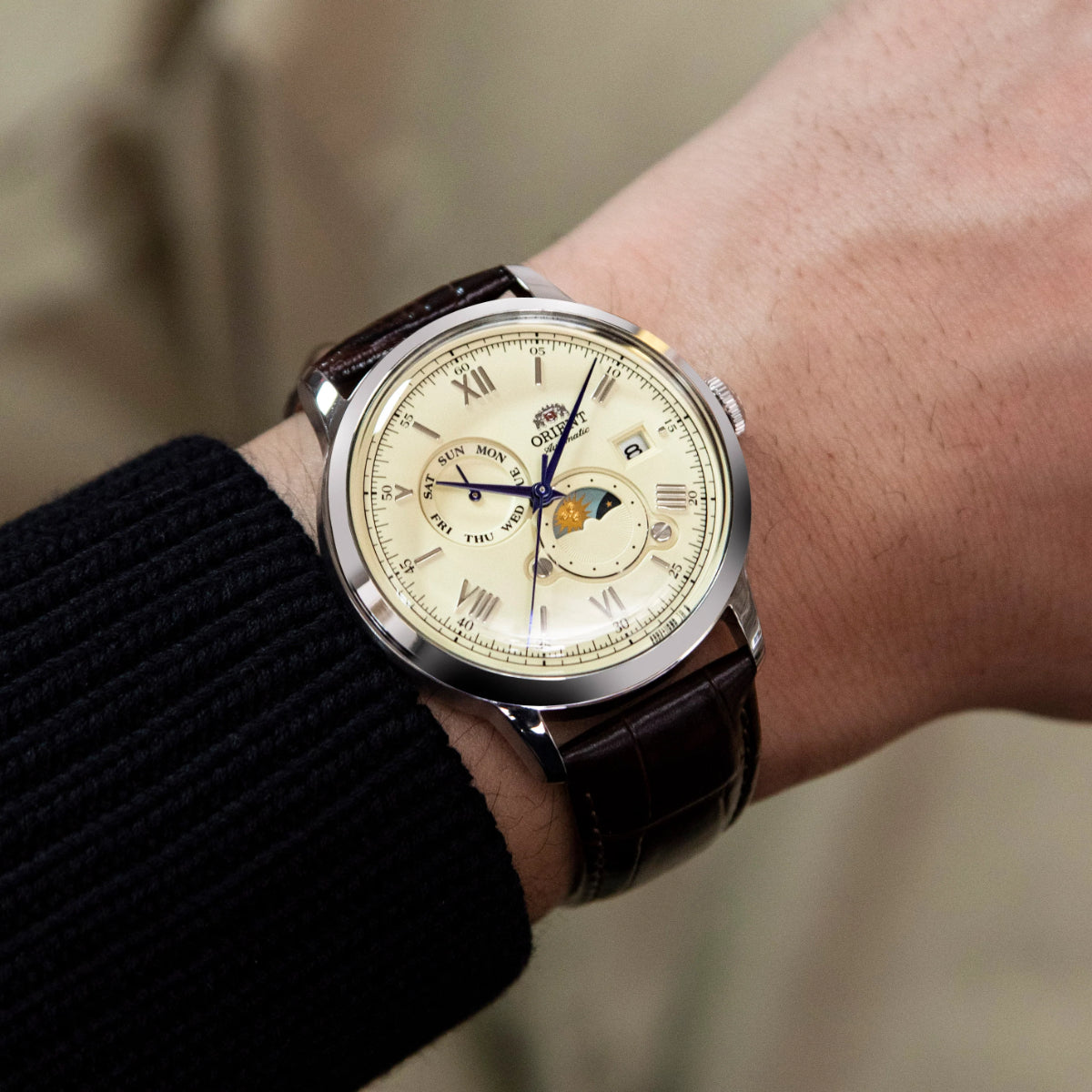 Orient Bambino 41.5mm Sun & Moon Champagne Dial Leather Mens Automatic Watch RA-AK0803Y30B