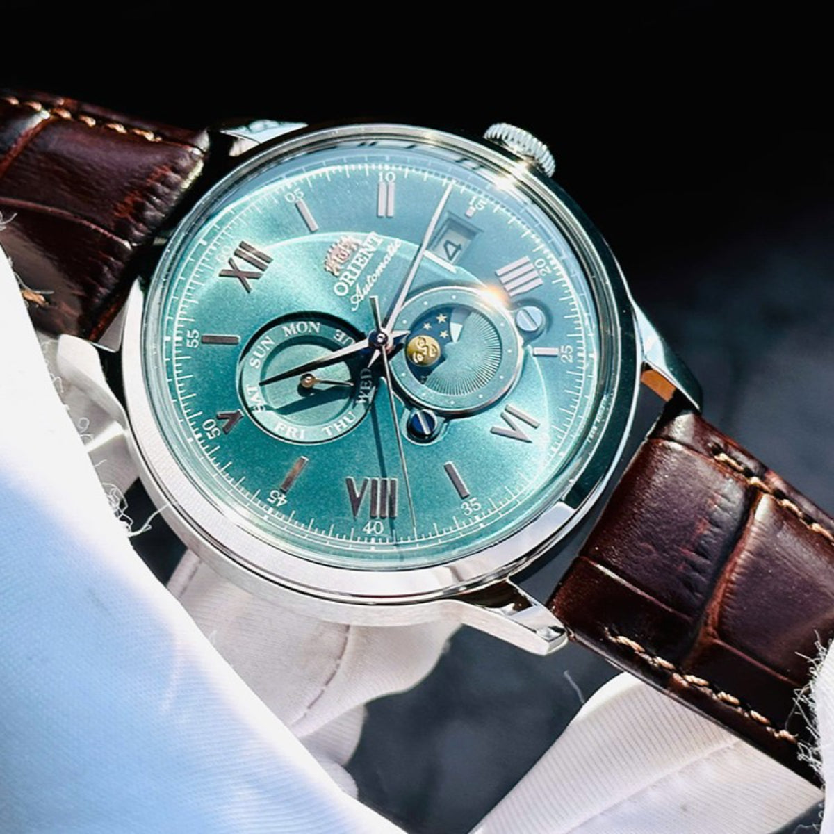 Orient Bambino 41.5mm Sun & Moon Green Dial Leather Mens Automatic Watch RA-AK0805E30B
