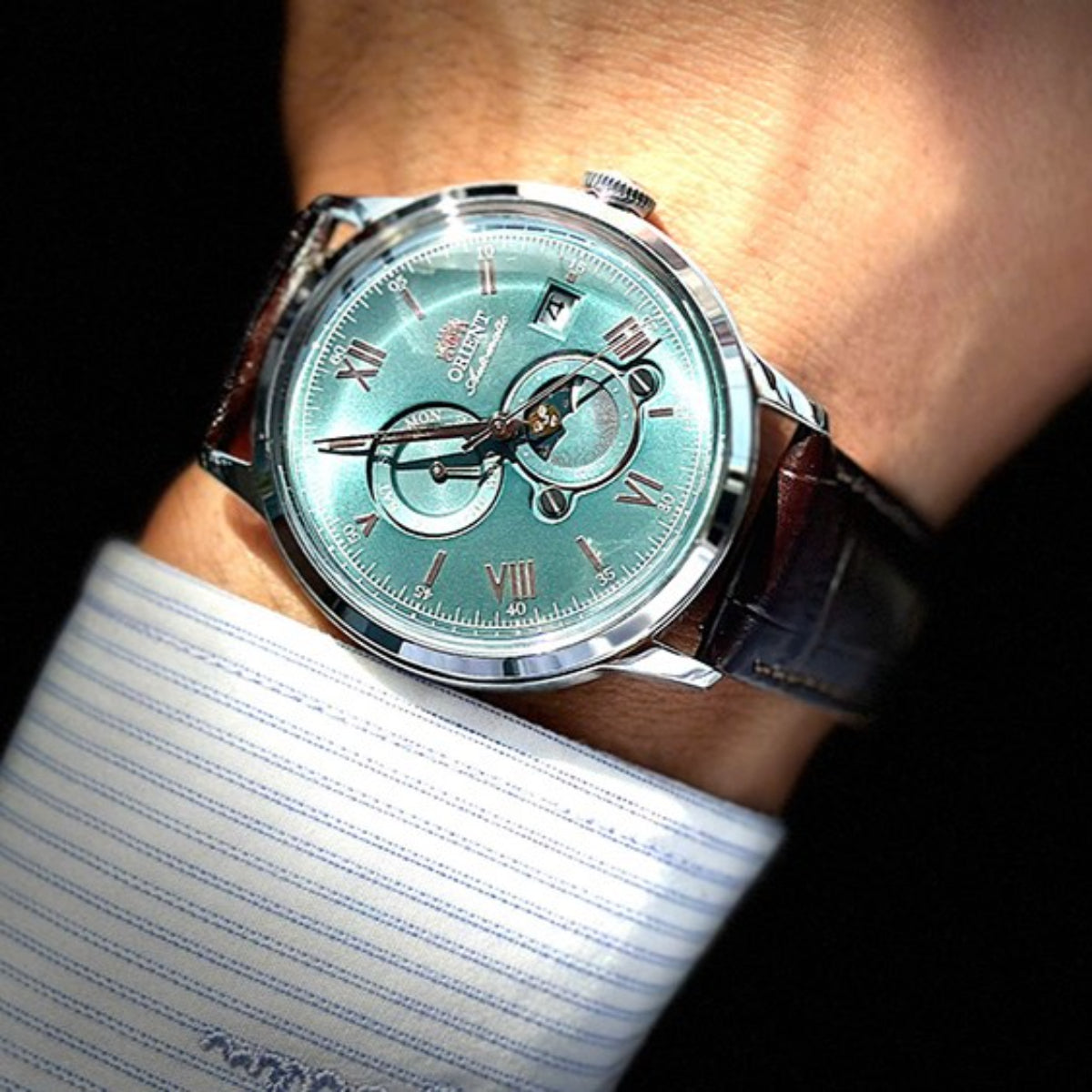 Orient Bambino 41.5mm Sun & Moon Green Dial Leather Mens Automatic Watch RA-AK0805E30B