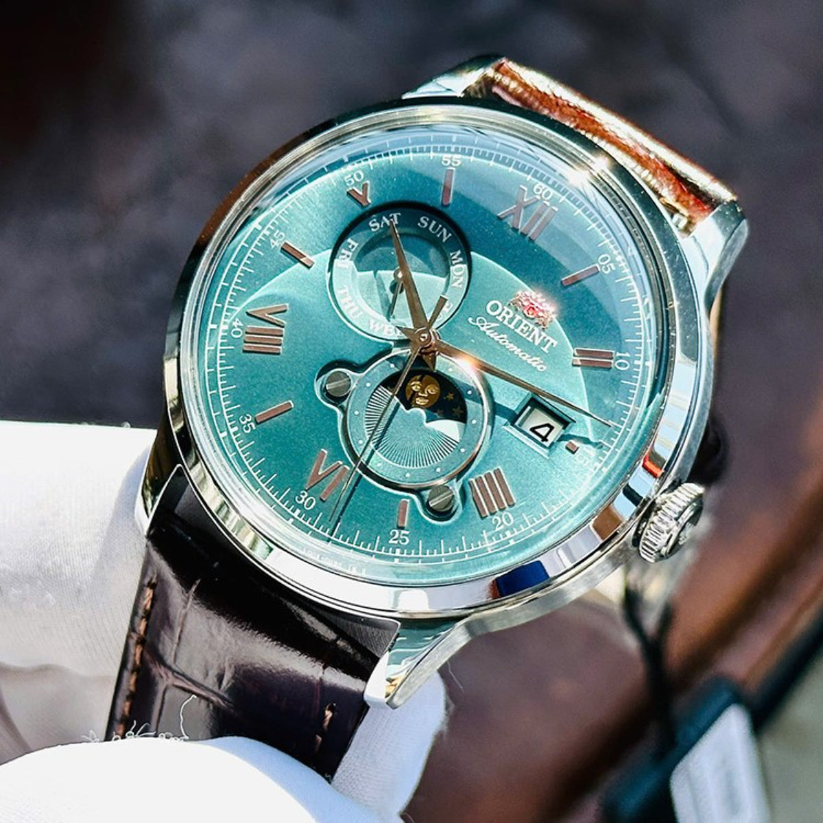 Orient Bambino 41.5mm Sun & Moon Green Dial Leather Mens Automatic Watch RA-AK0805E30B