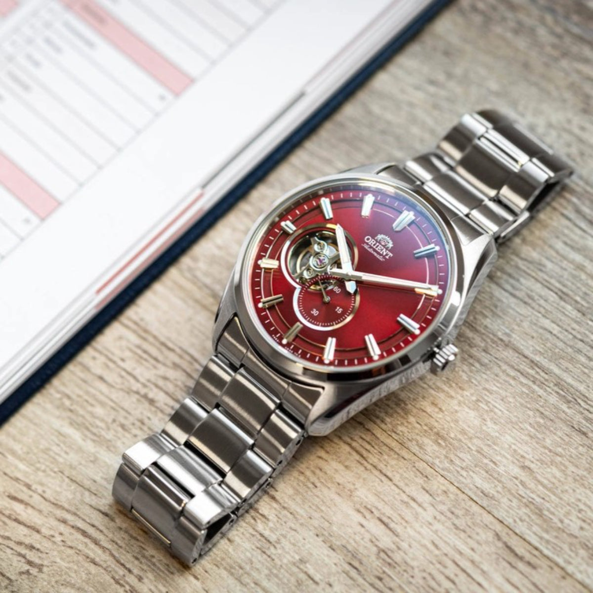 Orient Contemporary 41mm Open Heart Red Dial Steel Mens Automatic Watch RA-AR0010R30B