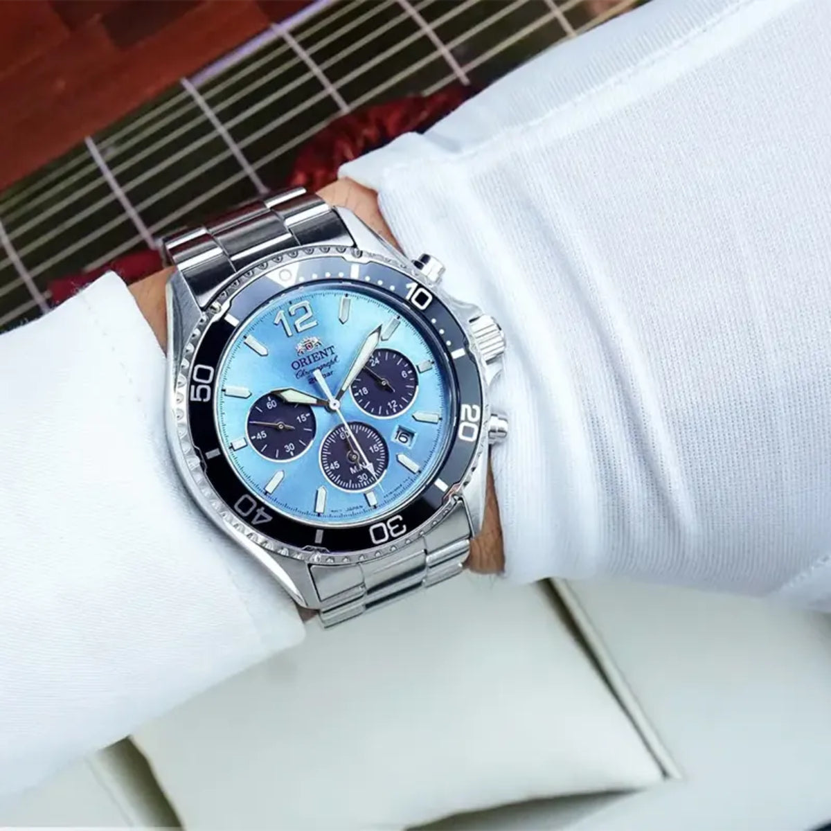 Orient Mako 43mm Chronograph Blaues Zifferblatt Stahl Herren Solar Uhr RA-TX0206L10B