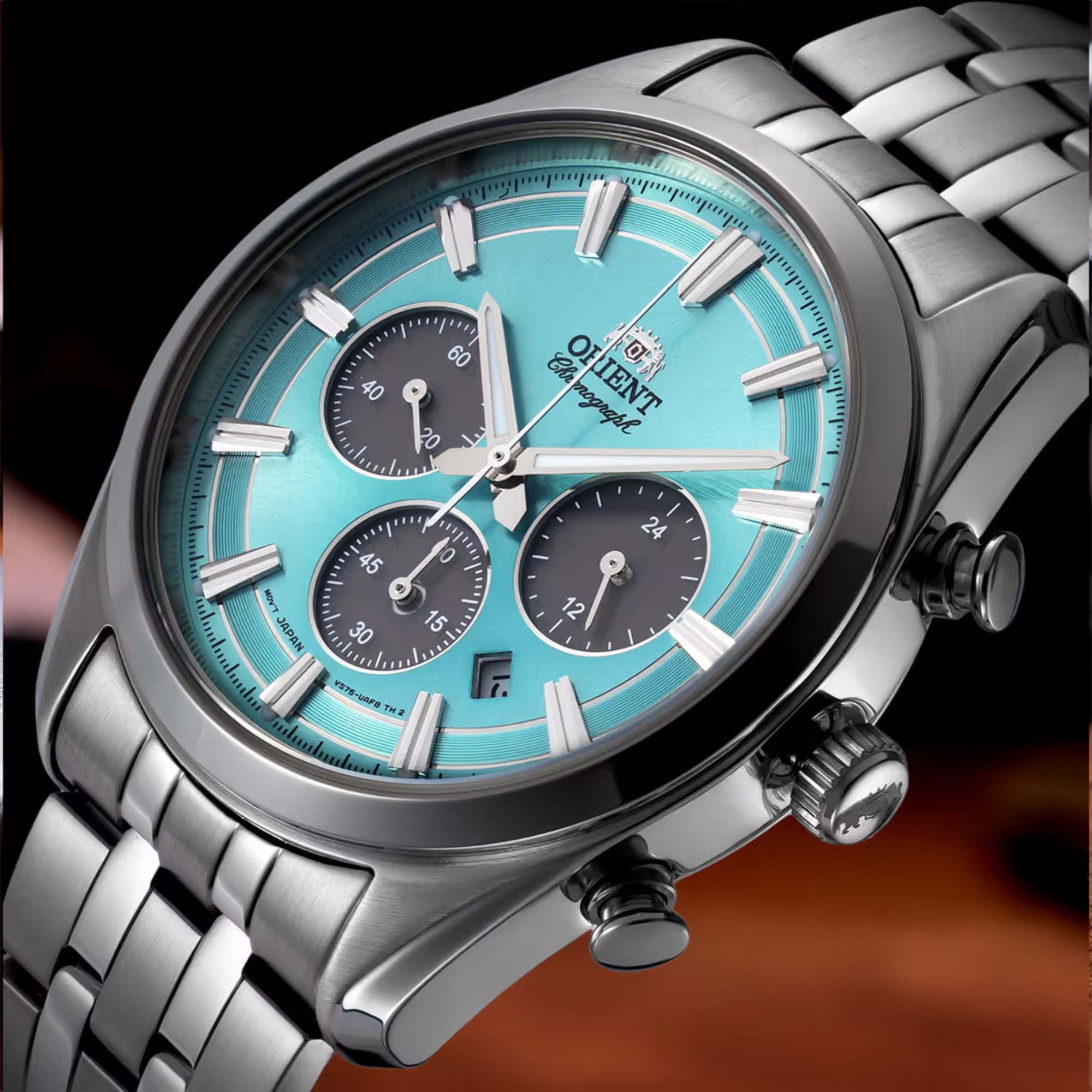 Orient Stretto 40mm Chronograph Blue Dial Steel Mens Solar Watch RA-TX0304L10B