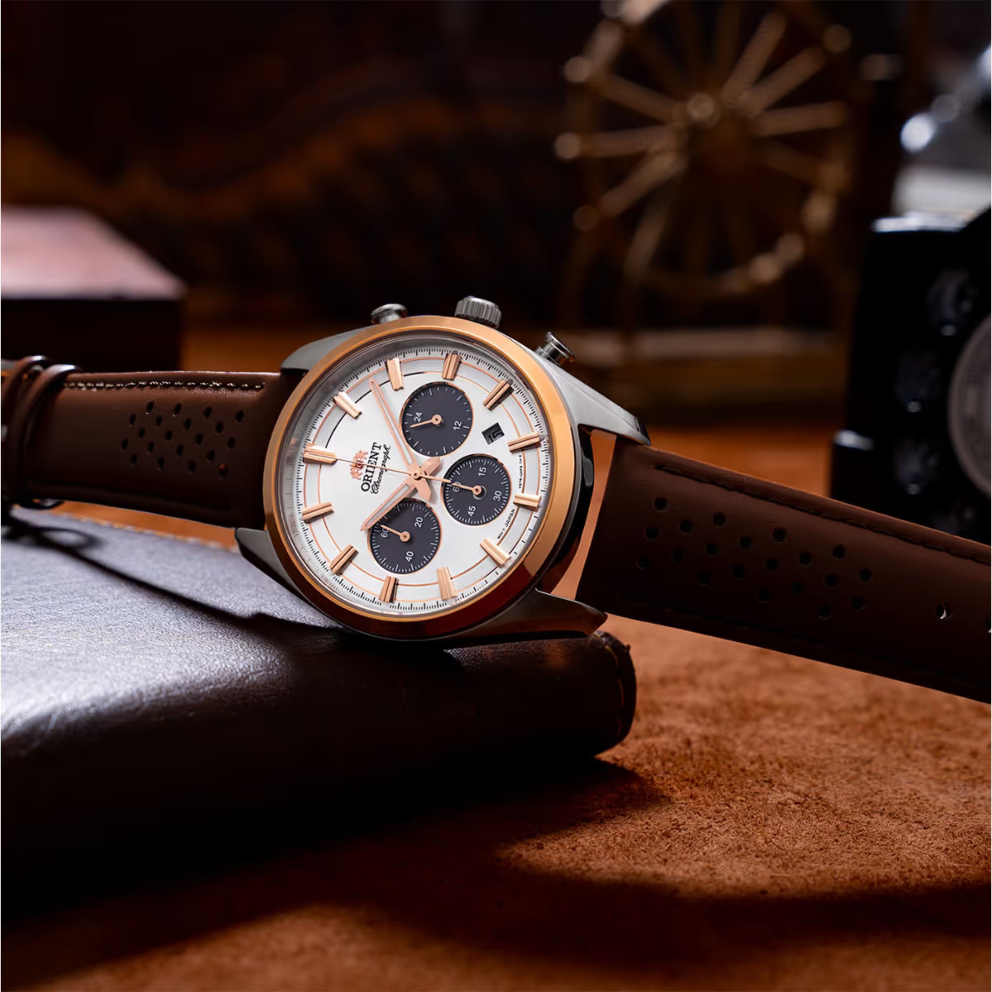 Orient Stretto 40mm Chronograph White Dial Leather Mens Solar Watch RA-TX0306S10B