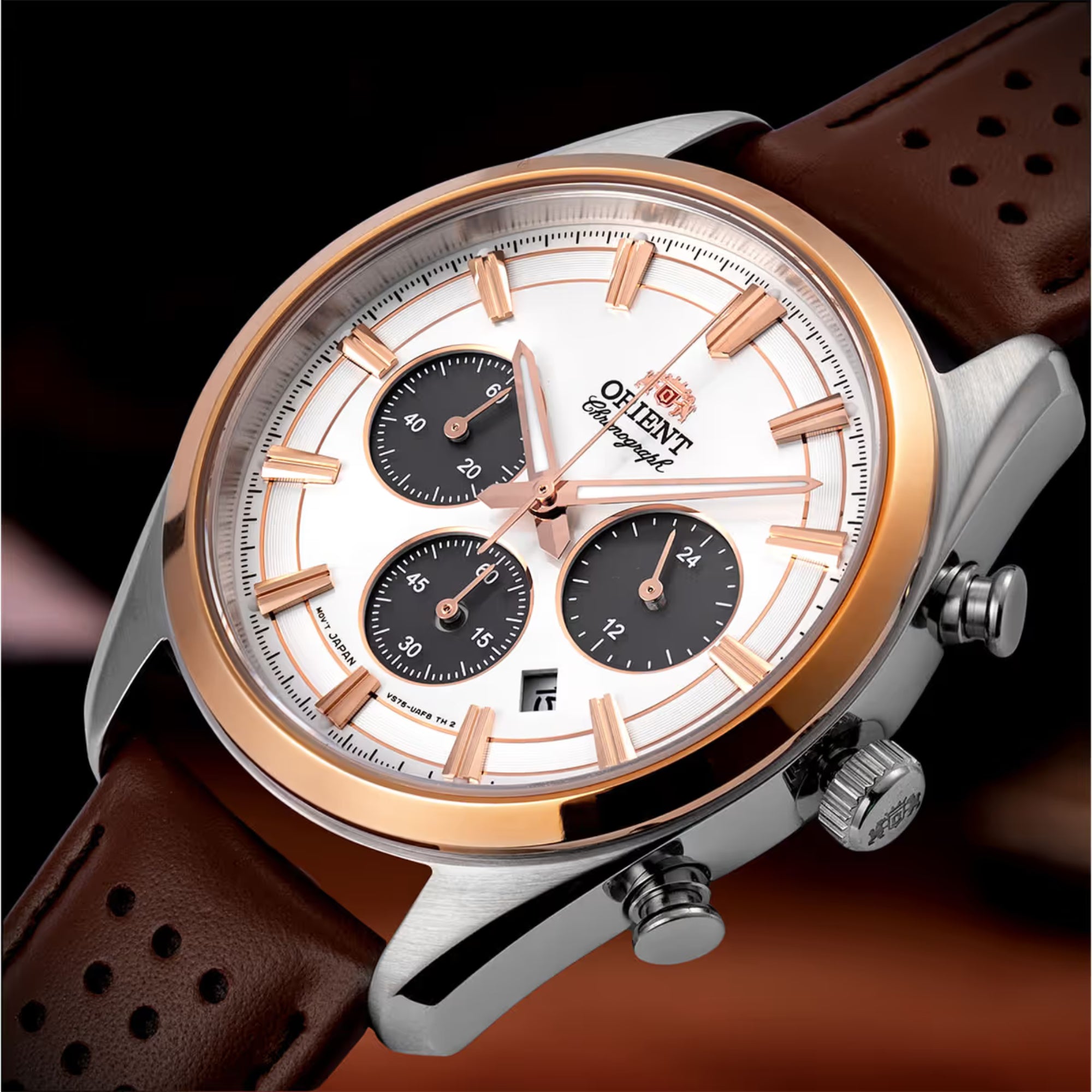 Orient Stretto 40mm Chronograph White Dial Leather Mens Solar Watch RA-TX0306S10B