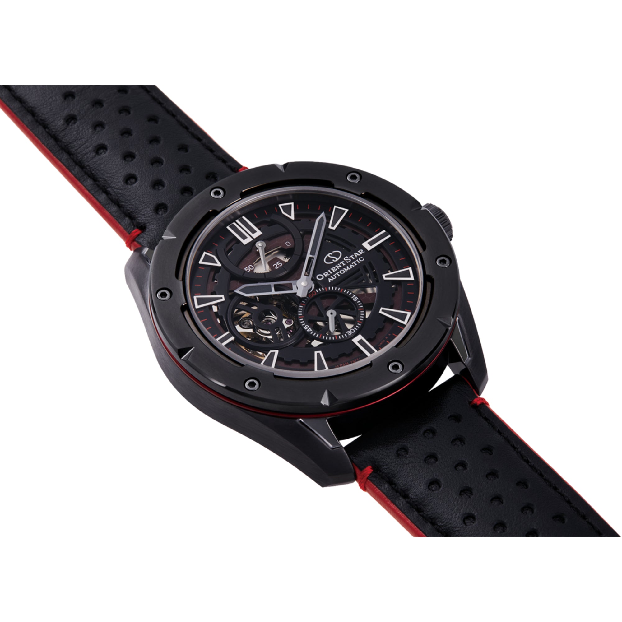 Side view of Orient Star RE-AV0A03B00B Avant-Garde skeleton watch showing case thickness and black leather strap
