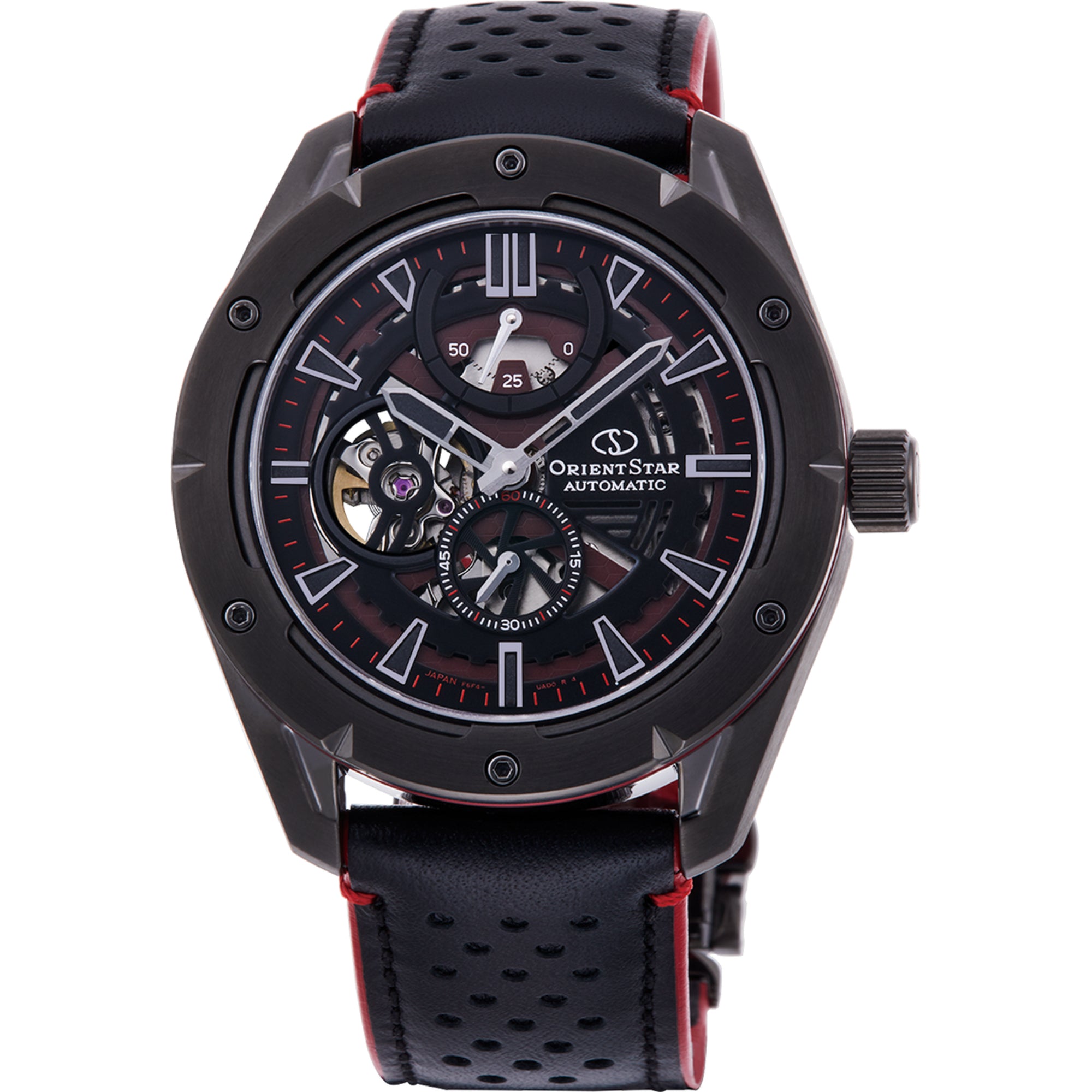 Orient Star Avant-Garde RE-AV0A03B00B skeleton black dial automatic watch with black leather strap and red accents
