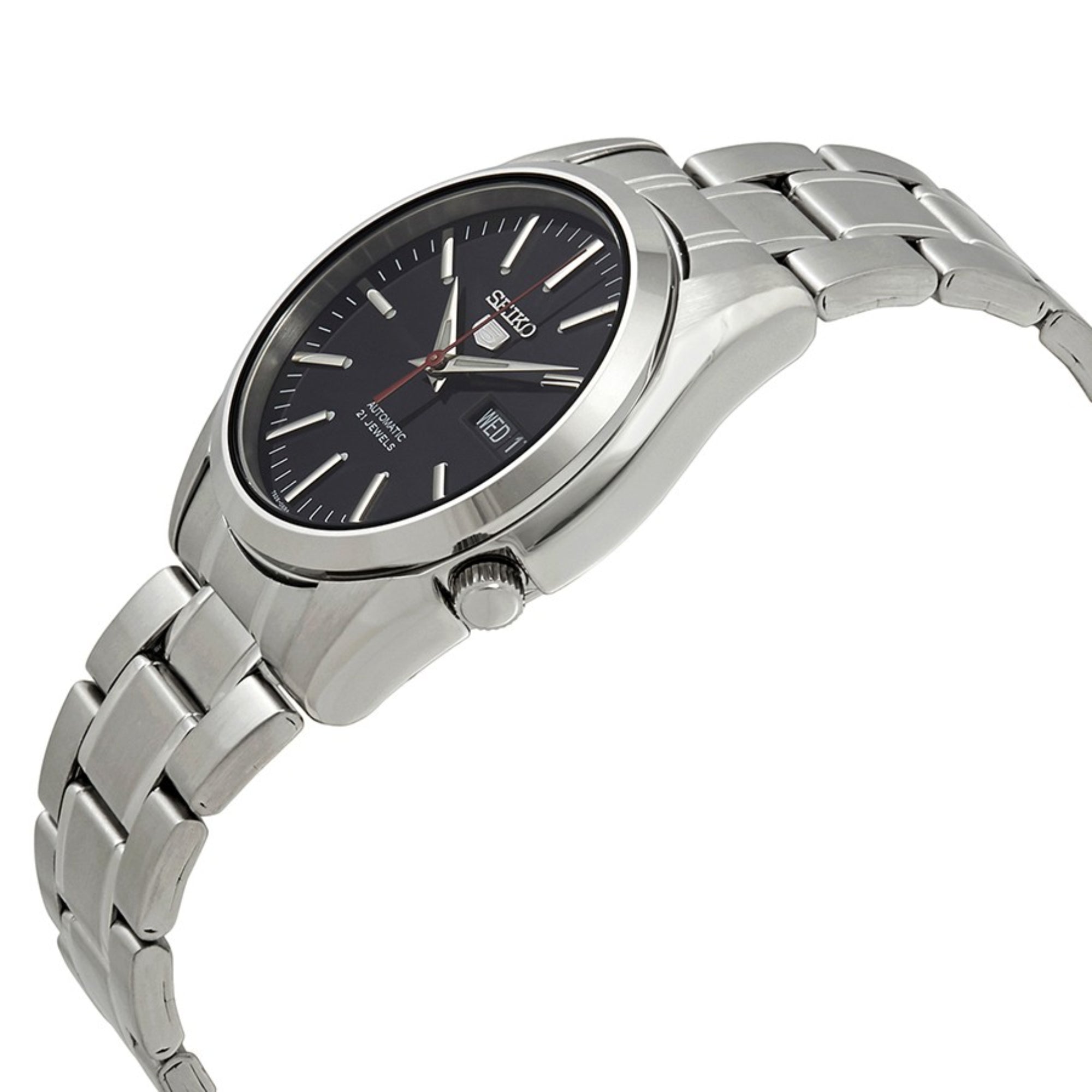 Angled view of Seiko 5 SNKL45K1 38mm black dial and steel bracelet close-up