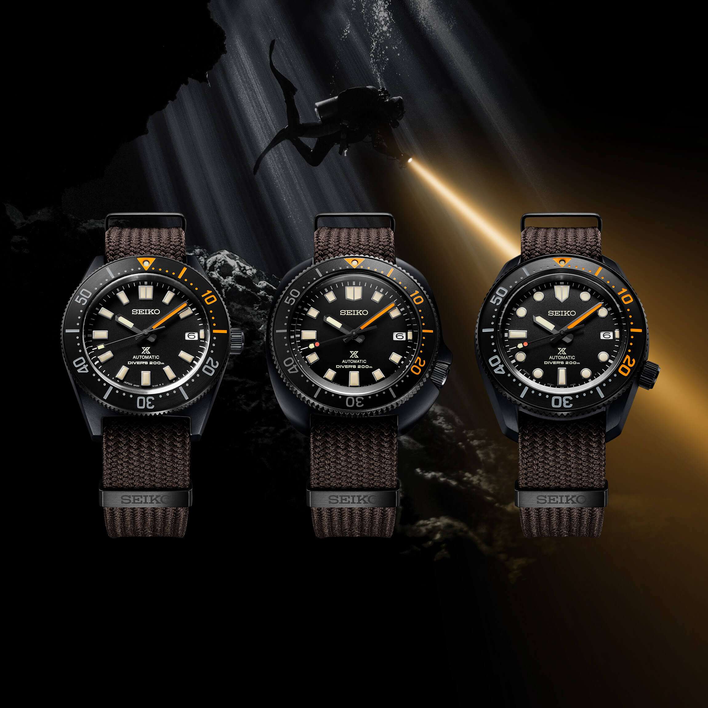 Seiko Prospex Schwarze Serie Heritage Kollektion 1968 Nachbildung Automatik Schwarzes Zifferblatt Braunes Textilarmband Herren Uhr SPB255J1