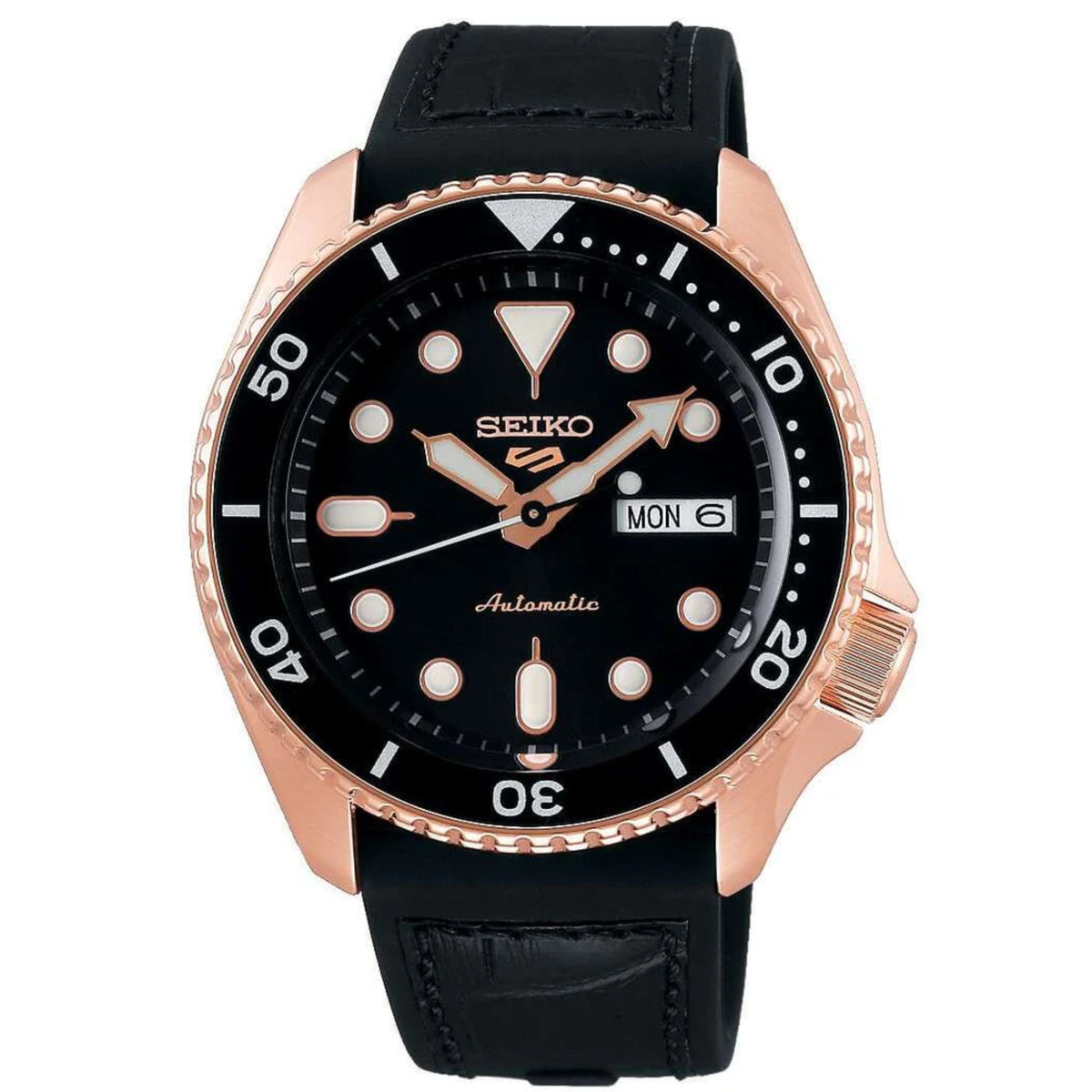 Men's Seiko 5 Sports automatic watch front view, black dial with MON 6, black strap