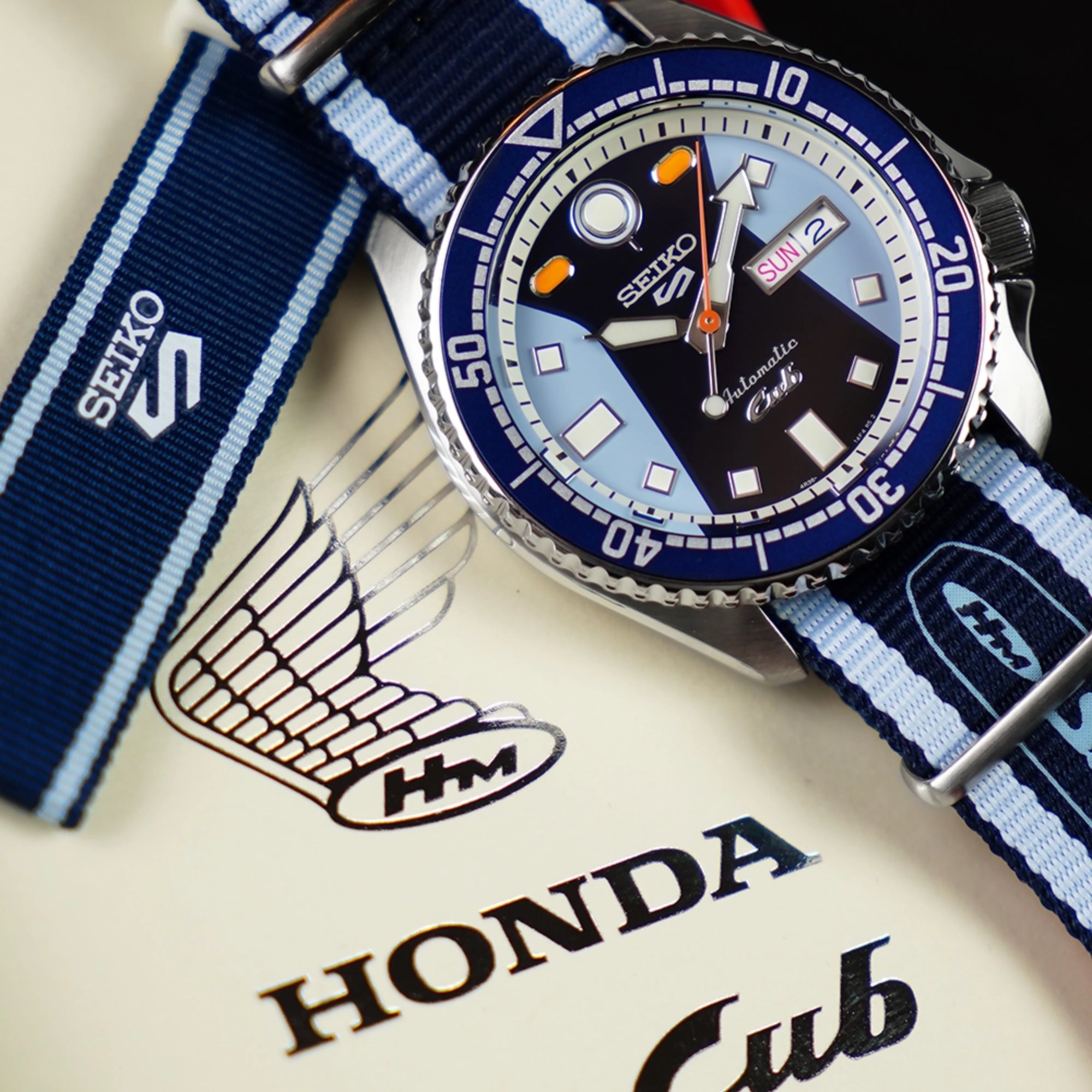 Seiko 5 Sports x Honda Super Cub III Automatic Blue Dial NATO Strap Men's Watch SRPK37K1