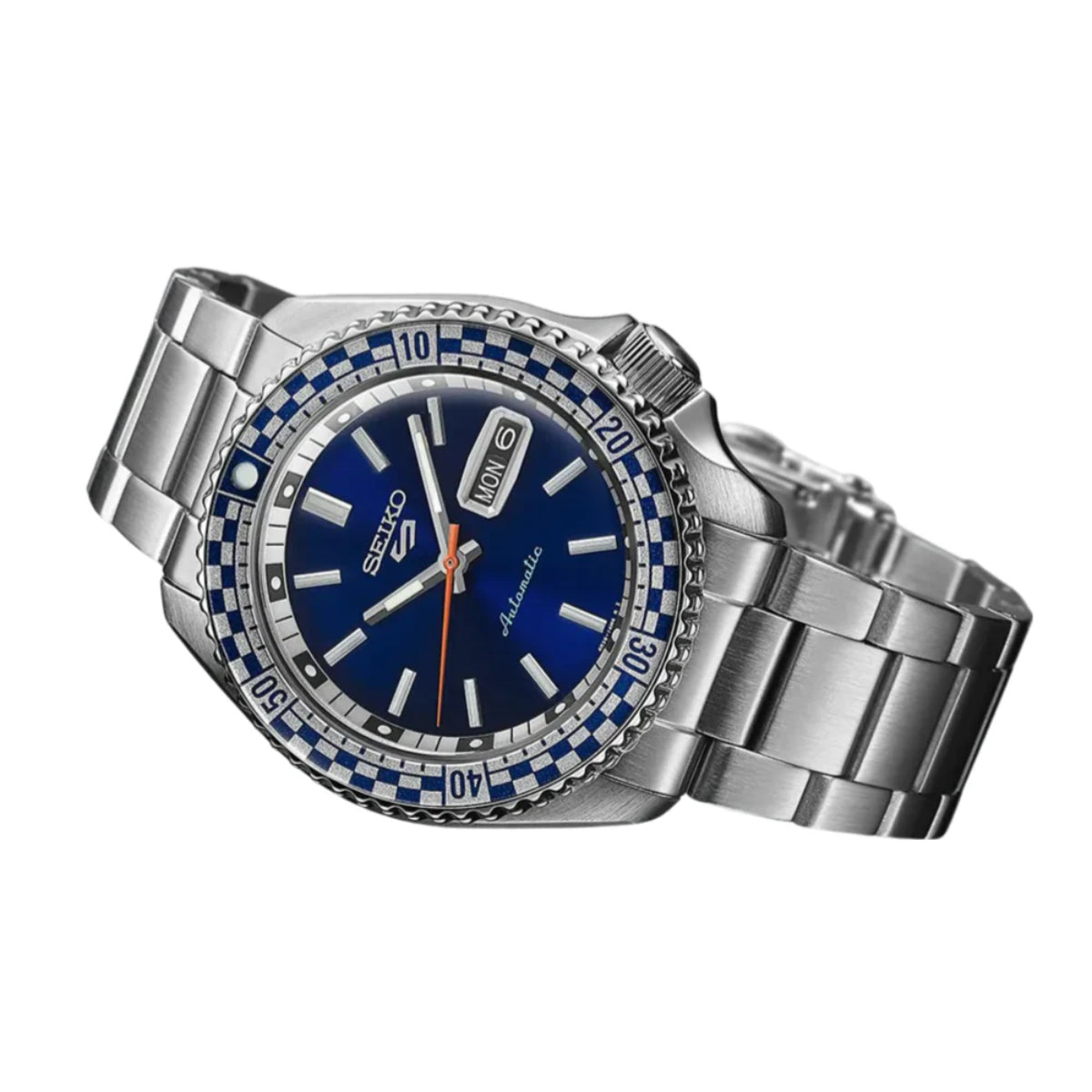 Seiko 5 Sports Checker Flag Automatik Blaues Zifferblatt Stahlarmband Herren Uhr SRPK65K1