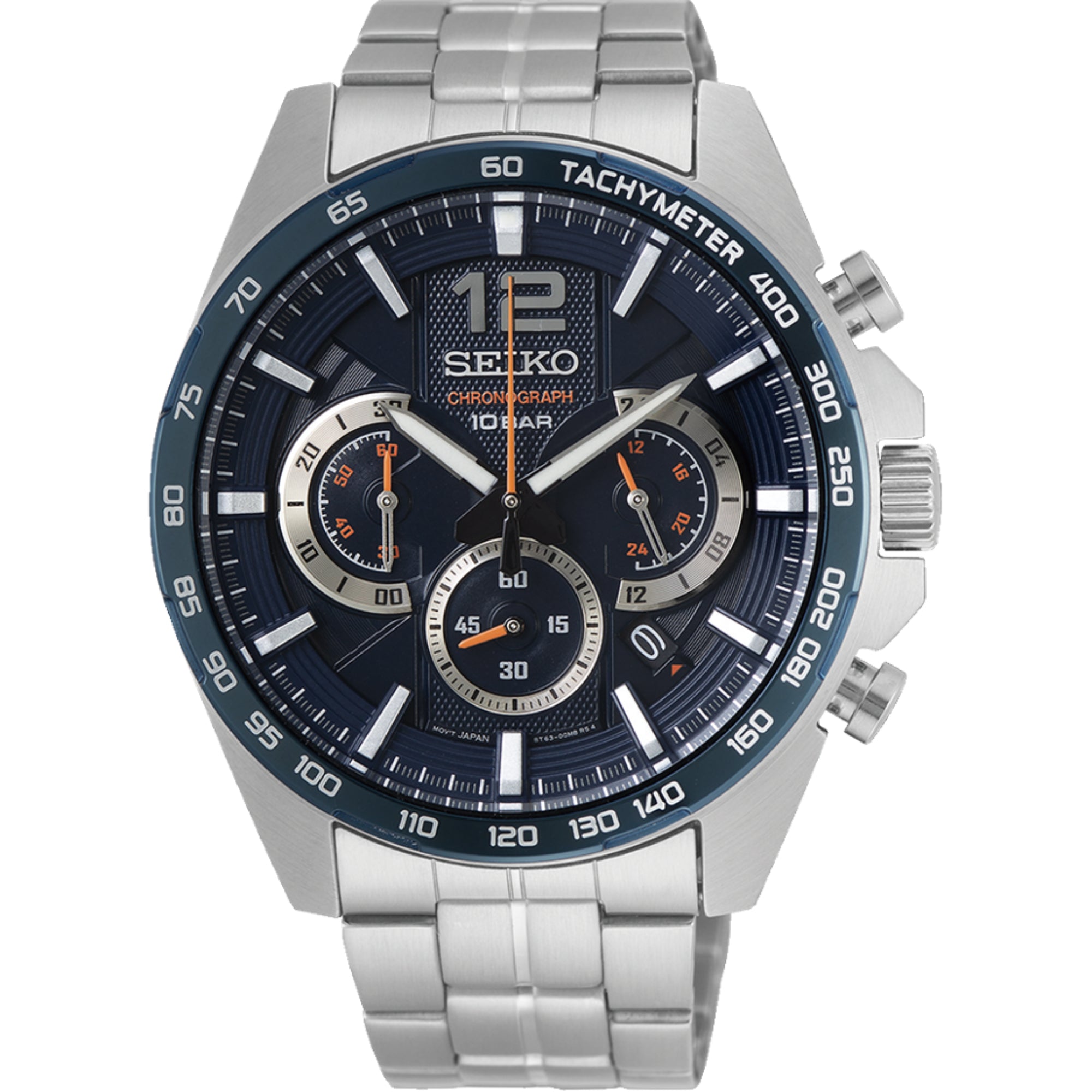 Seiko Essentials SSB345P1 44mm Chronograph Blue Dial with stainless steel bracelet front view