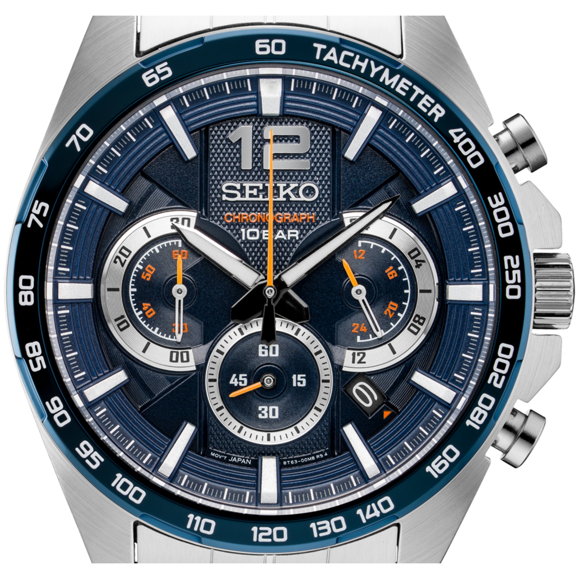 Close-up of Seiko SSB345P1 chronograph blue dial showing sub-dials, tachymeter bezel and orange accents