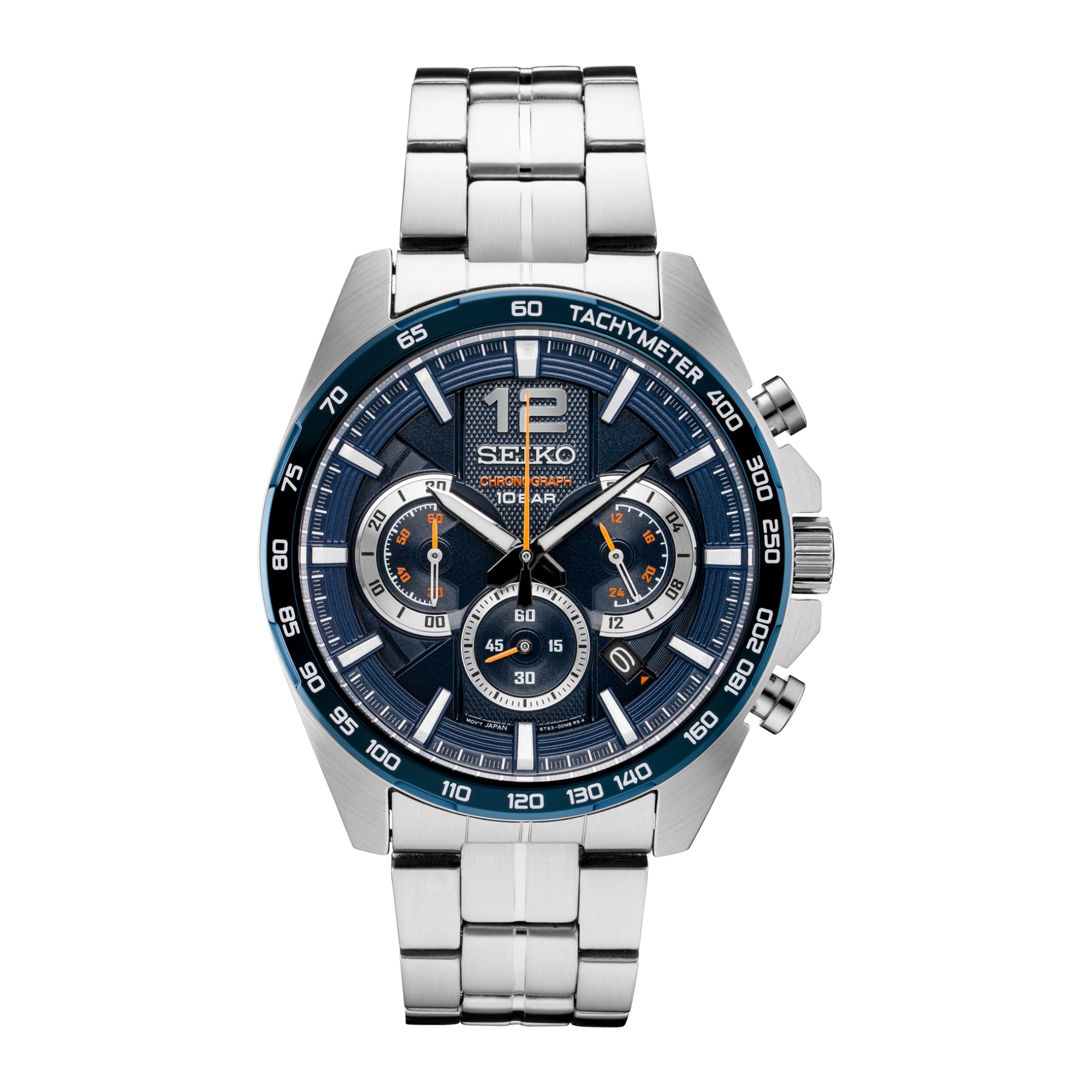 Seiko Essentials SSB345P1 44mm Chronograph Blue Dial stainless steel watch on white background