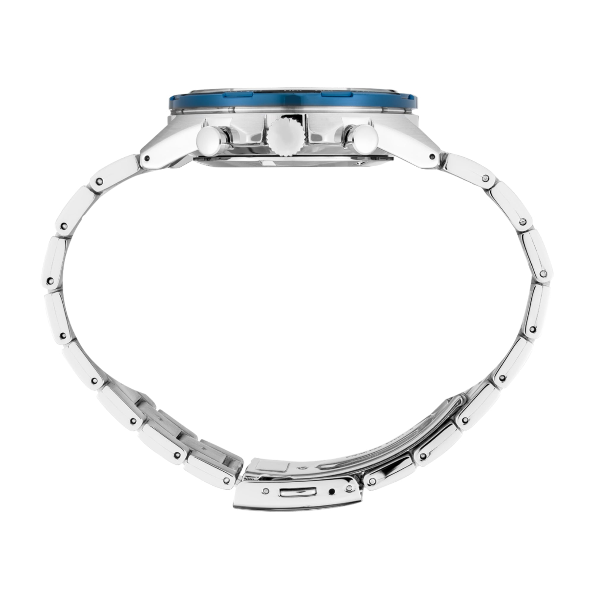 Side view of Seiko SSB345P1 chronograph watch showing case thickness and stainless steel bracelet