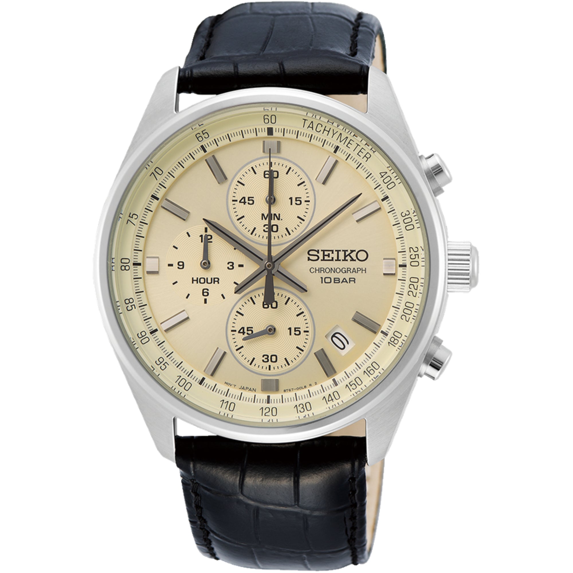 Seiko Essentials SSB383P1 Chronograph Cream Dial with black leather strap and stainless steel case