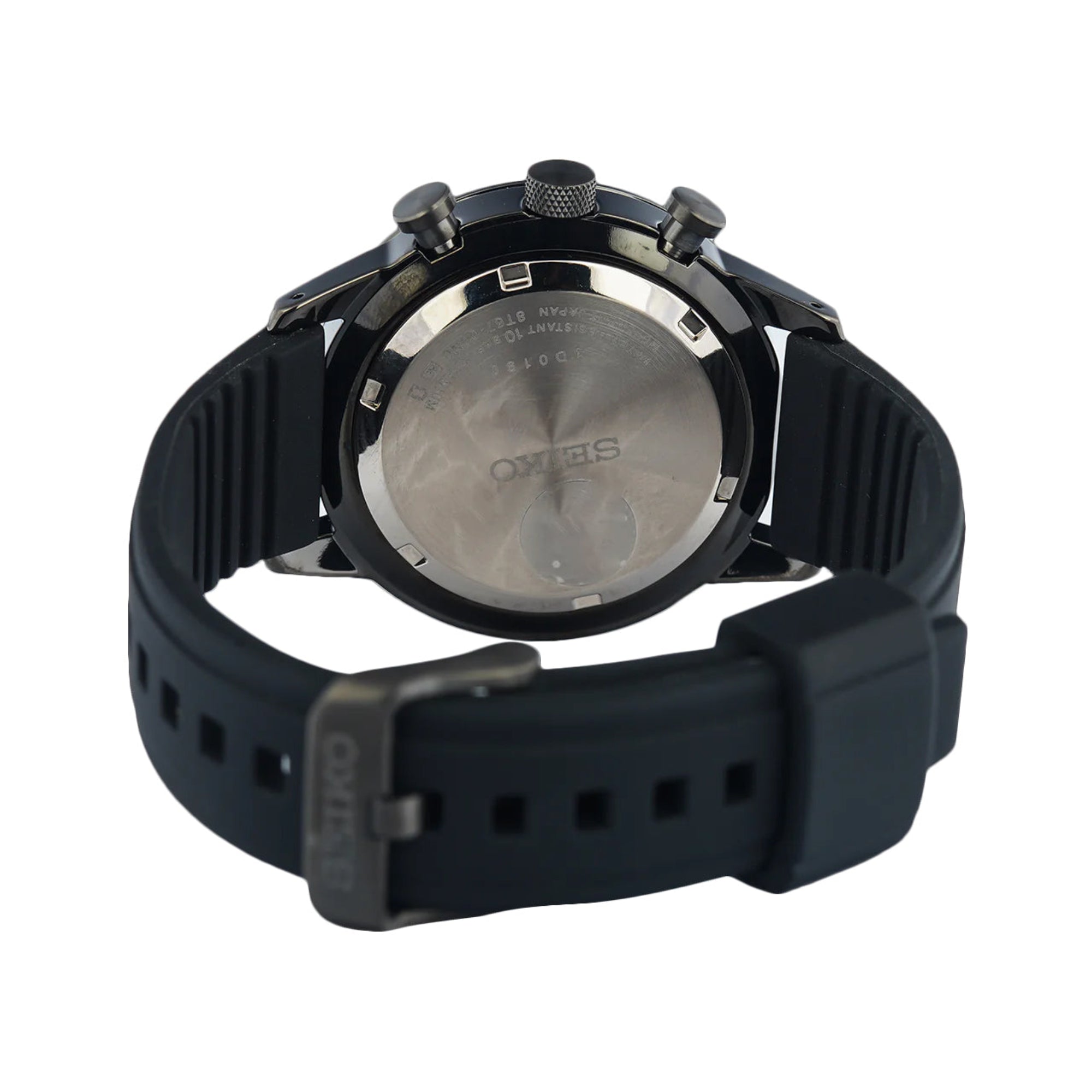 Black watch with a visible brand logo on a white background
