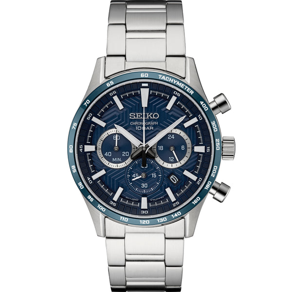 Front view of Seiko SSB445P1 blue dial chronograph watch with stainless steel bracelet