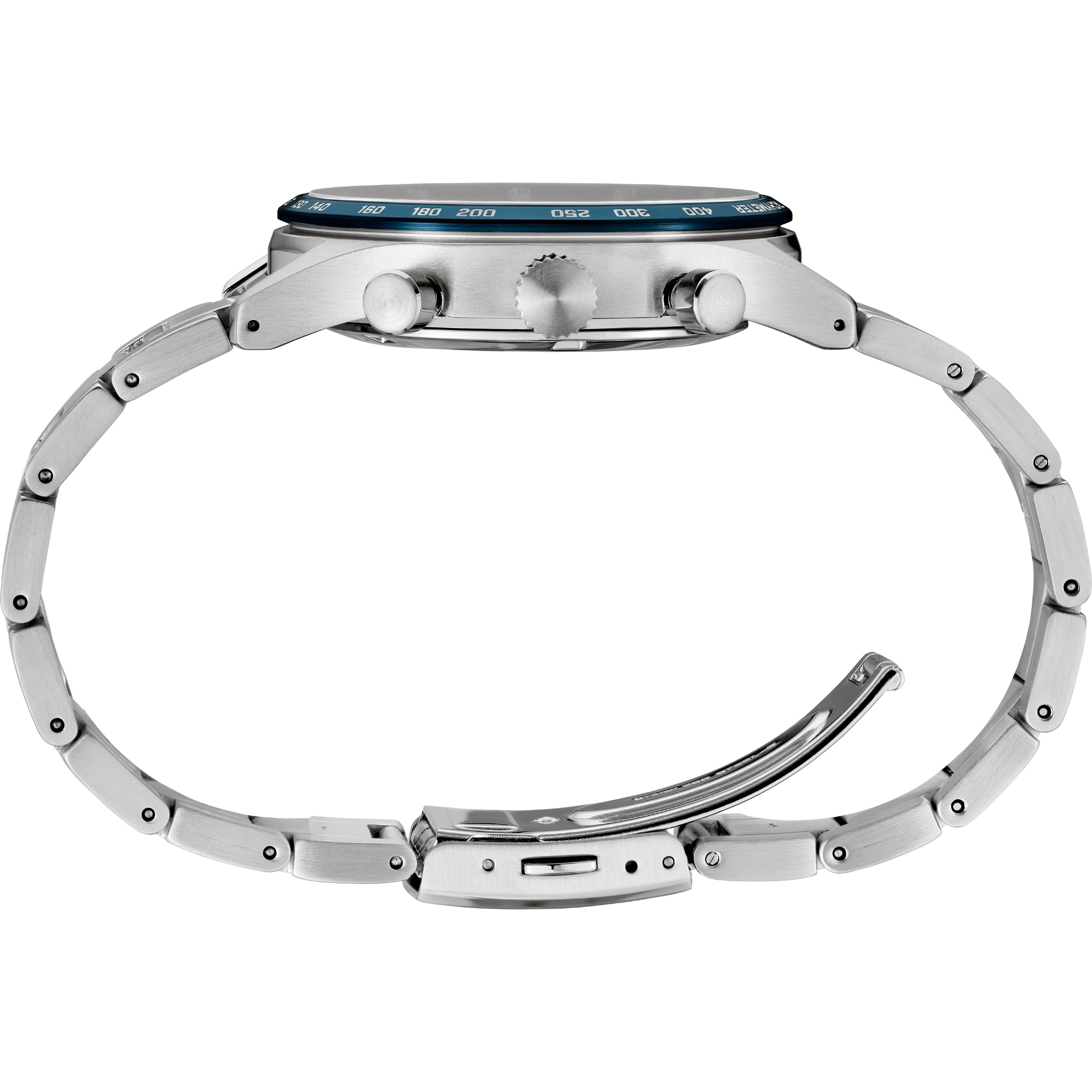 Side view of Seiko SSB445P1 chronograph watch showing case thickness and stainless steel bracelet