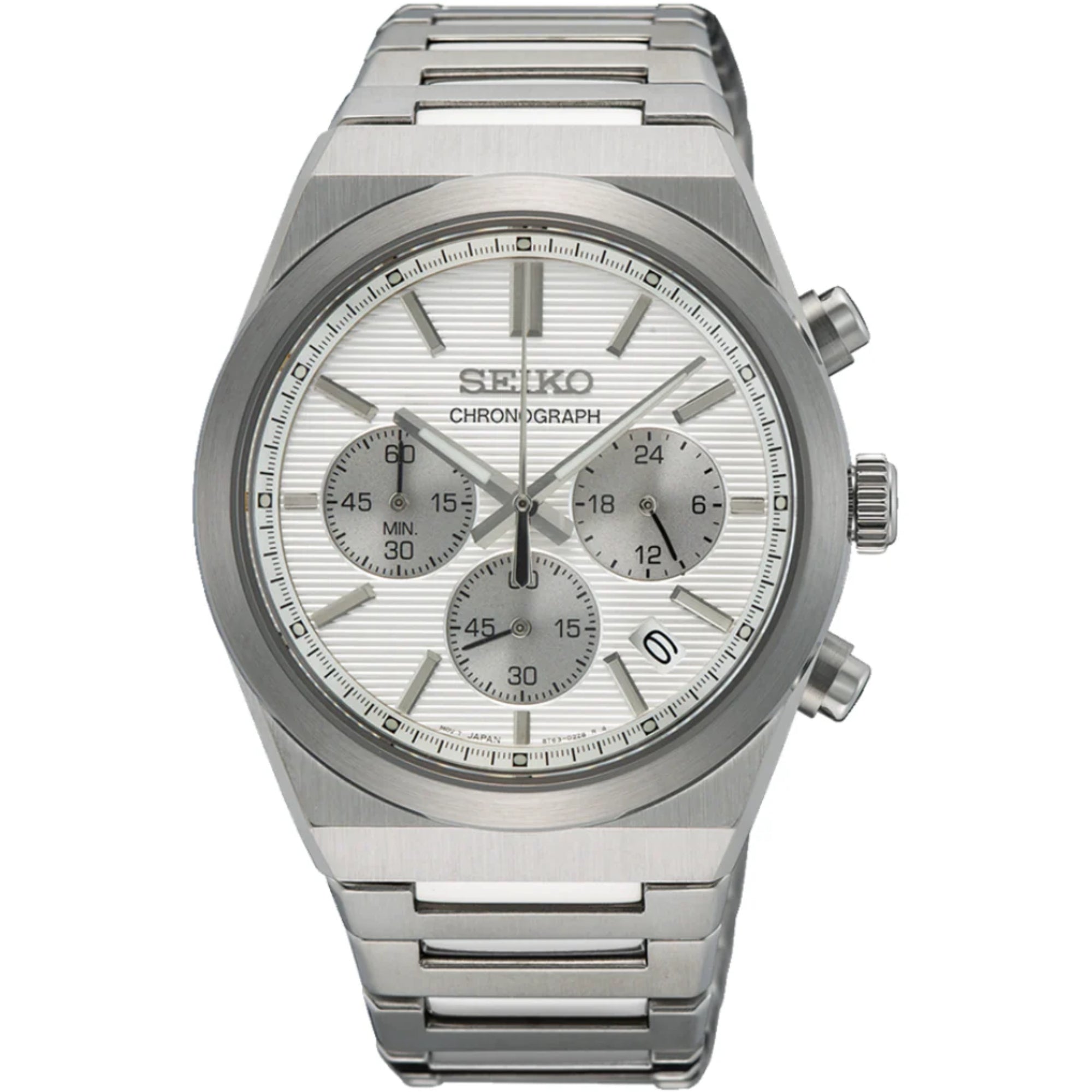 Seiko Essentials 40mm Chronograph silver dial steel watch SSB451P1 front view