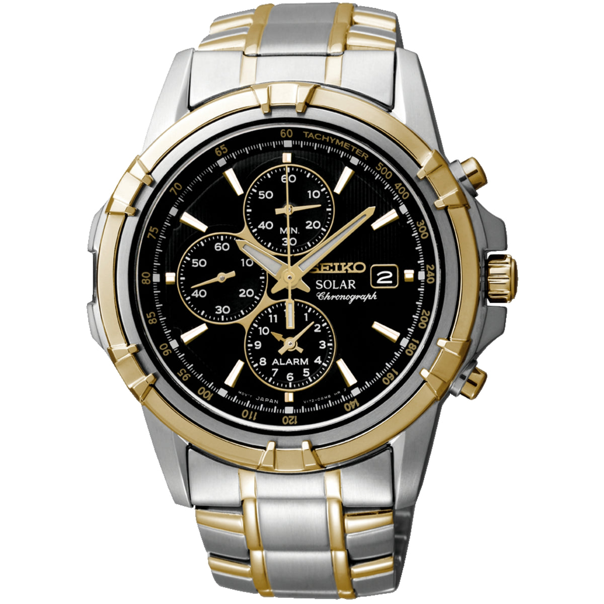 Two-tone gold and silver stainless steel chronograph watch with black dial, subdials