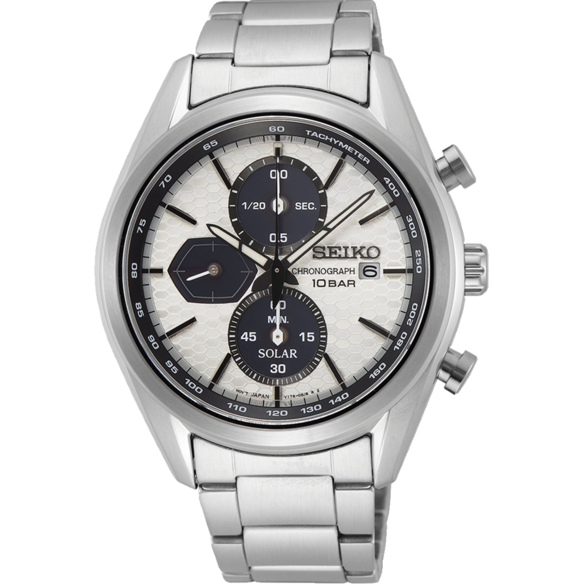 Seiko Essentials 41.6mm Solar Chronograph white dial steel watch SSC769P1 front view