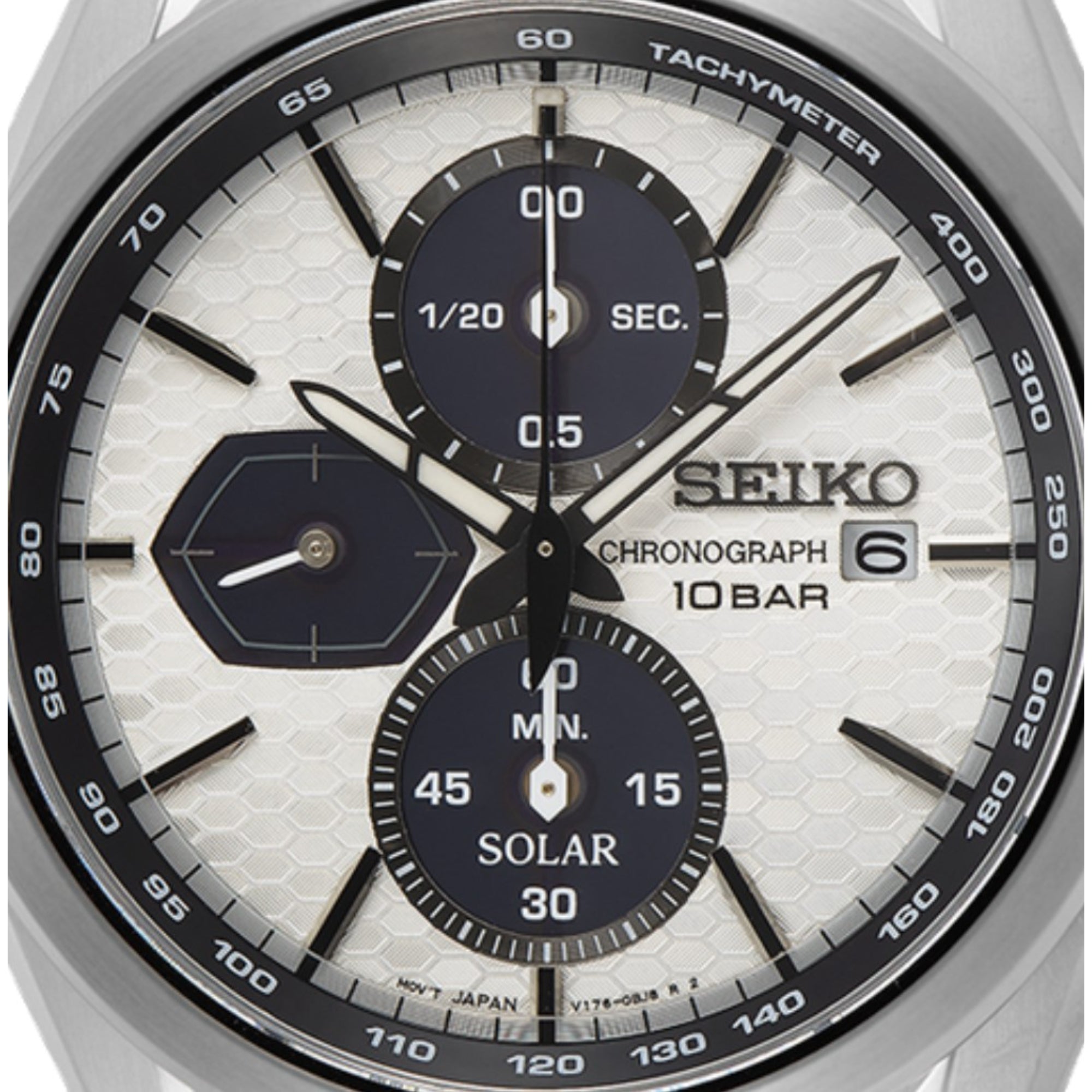Seiko SSC769P1 white honeycomb-pattern dial with three black subdials and date display close-up