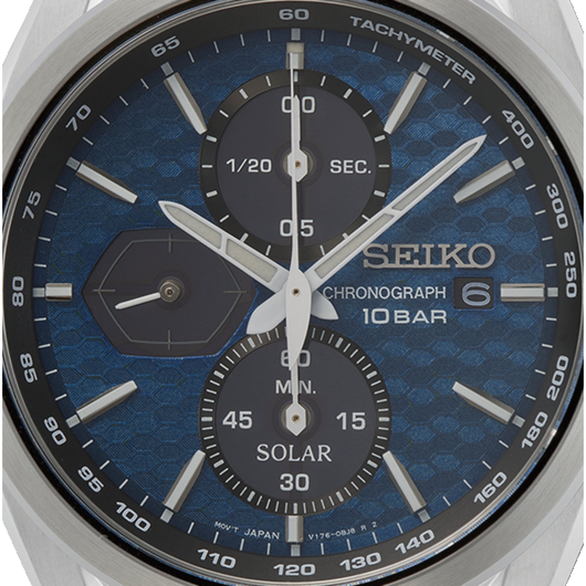 Seiko Essentials solar powered chronograph stainless steel watch close-up