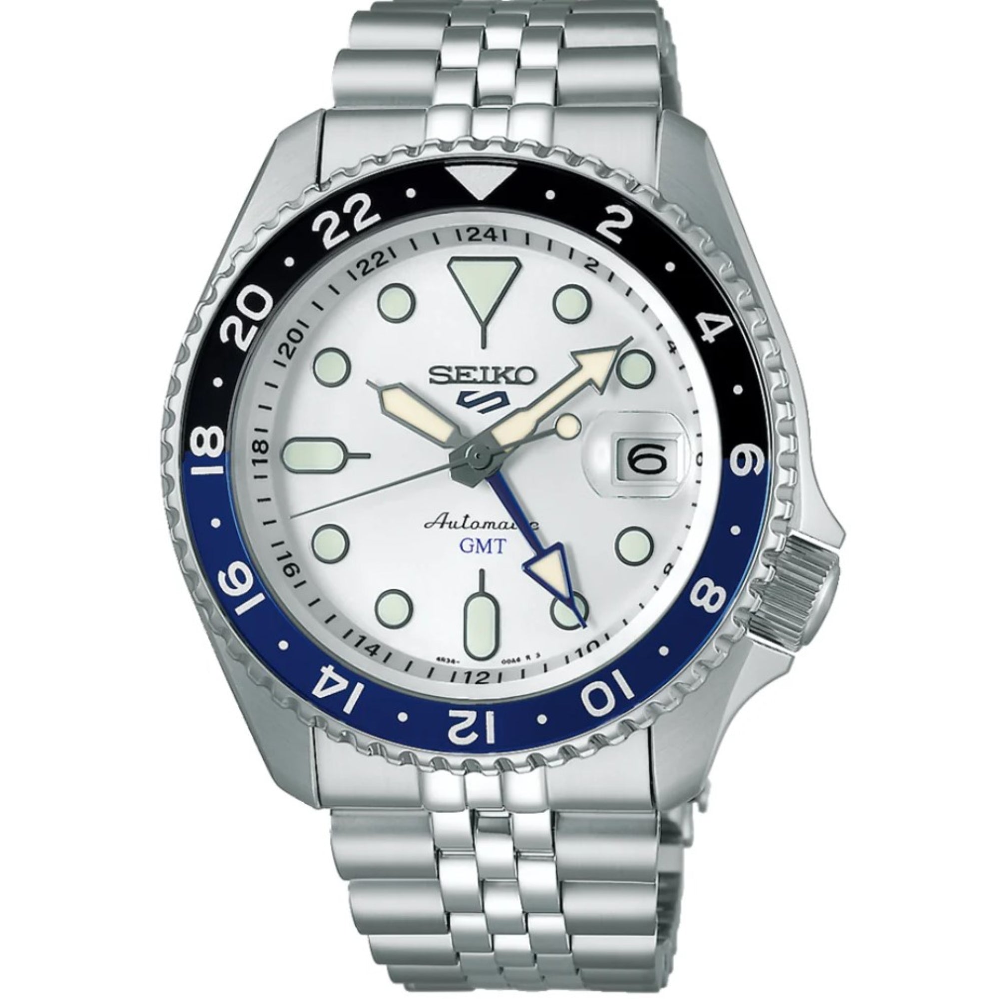 Seiko 5 Sports SKX GMT Himmelblau Silberne Wolke Automatik Weißes Zifferblatt Stahlarmband Herren Uhr SSK033K1