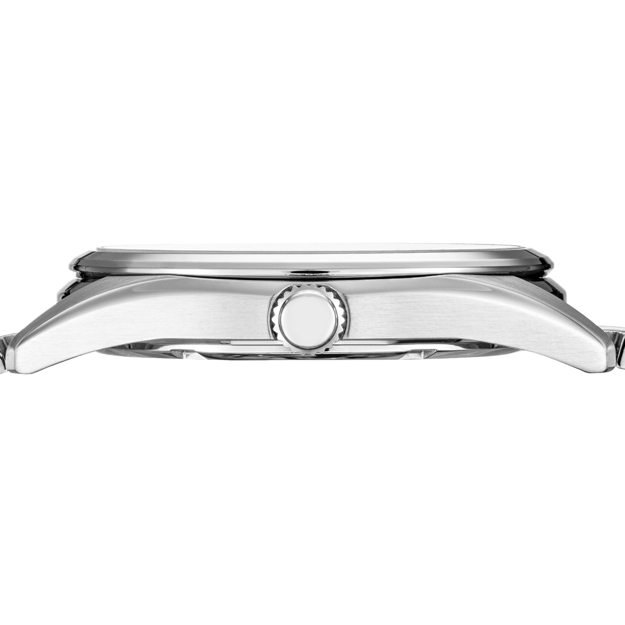 Side view of Seiko Essentials SUR307P1 showing case thickness and push-button