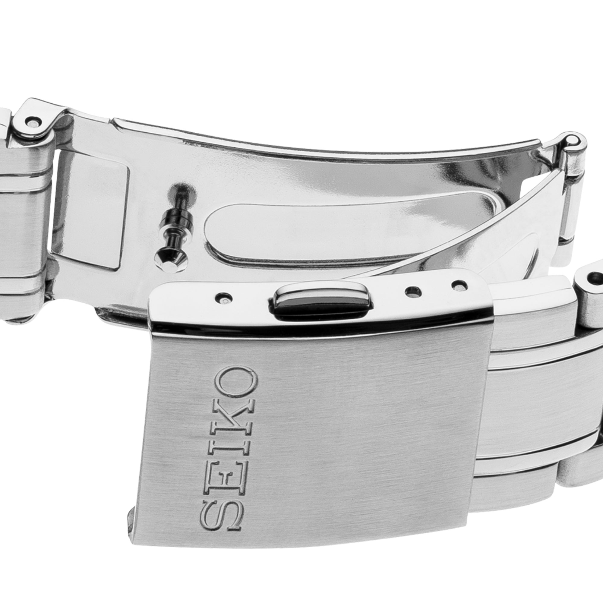 Seiko engraved stainless steel deployment clasp on SUR307P1 watch bracelet