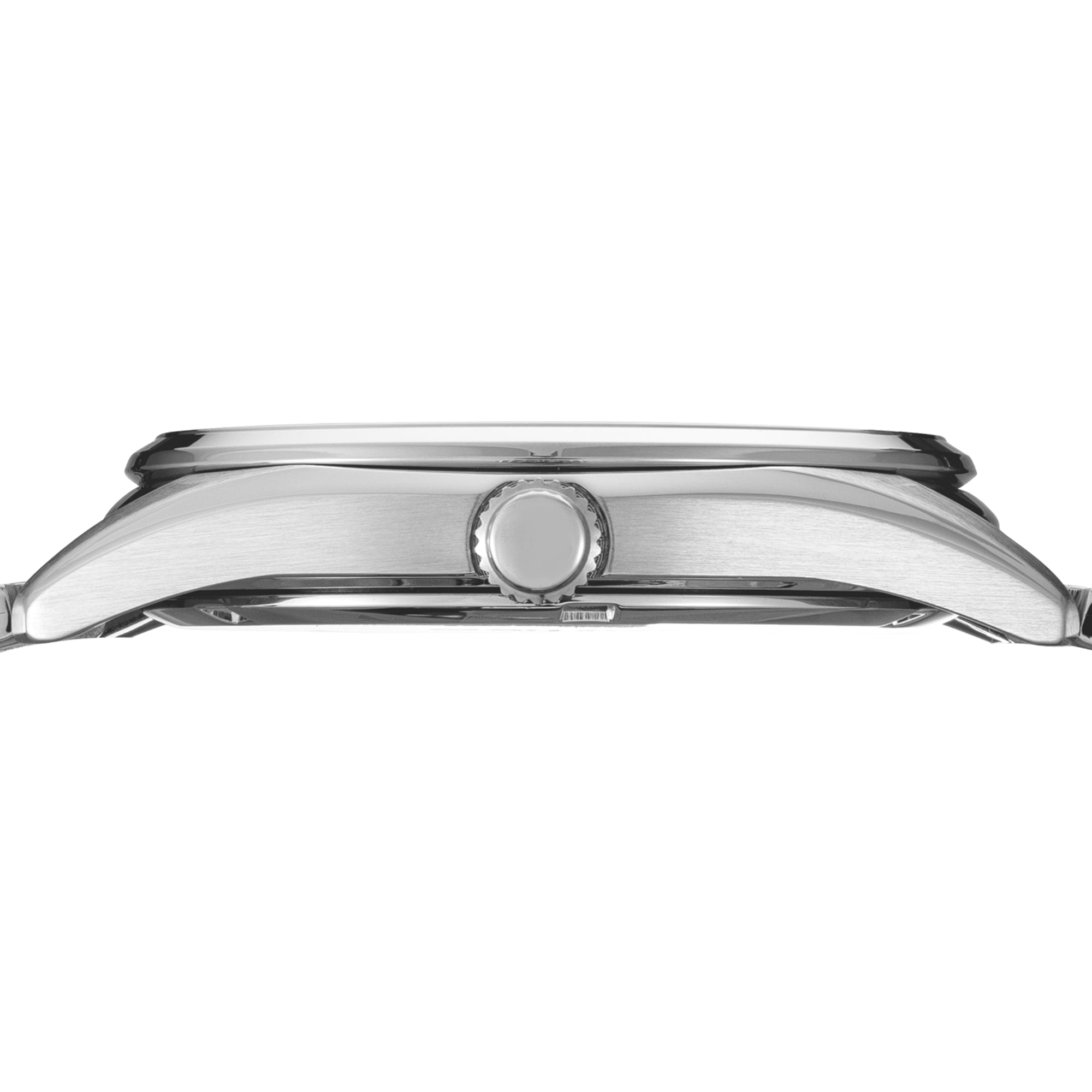 Side view of Seiko Essentials SUR375P1 watch showing case thickness and its push button