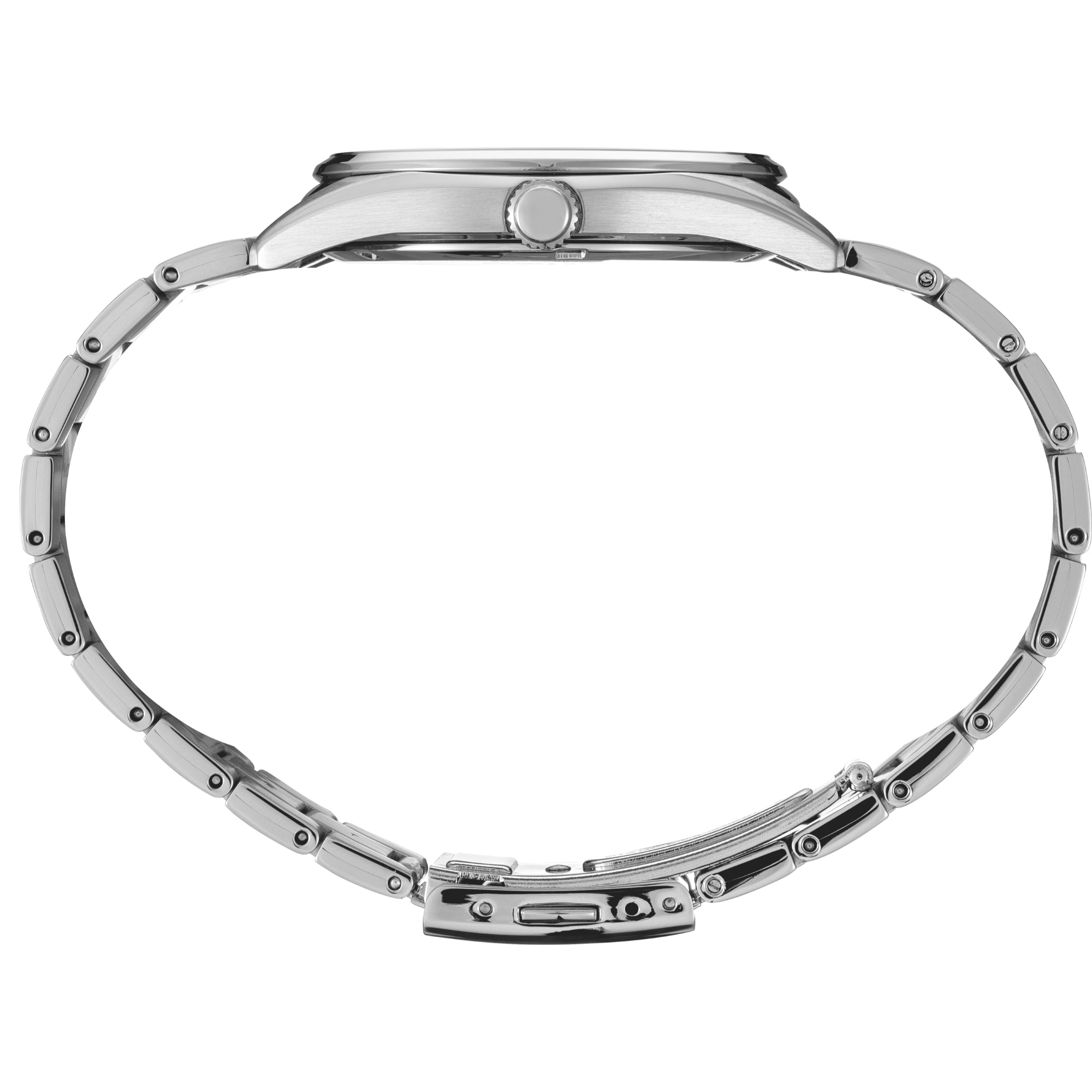 Side view of Seiko Essentials SUR375P1 watch showing case thickness and stainless steel bracelet