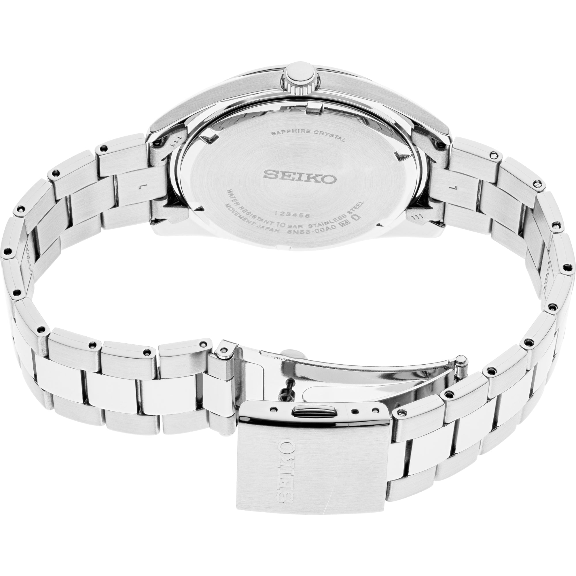 Seiko Essentials SUR373P1 titanium quartz watch caseback with stainless steel bracelet showing engravings and deployment clasp