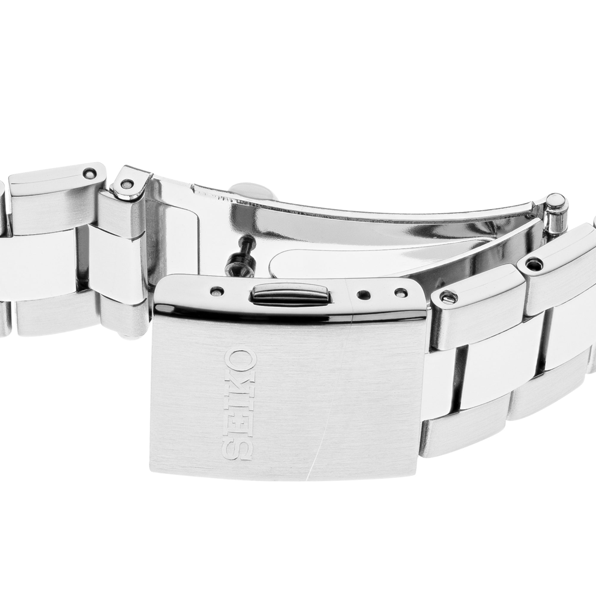 Close-up view of Seiko Essentials SUR373P1 titanium quartz watch deployment clasp on white background 
