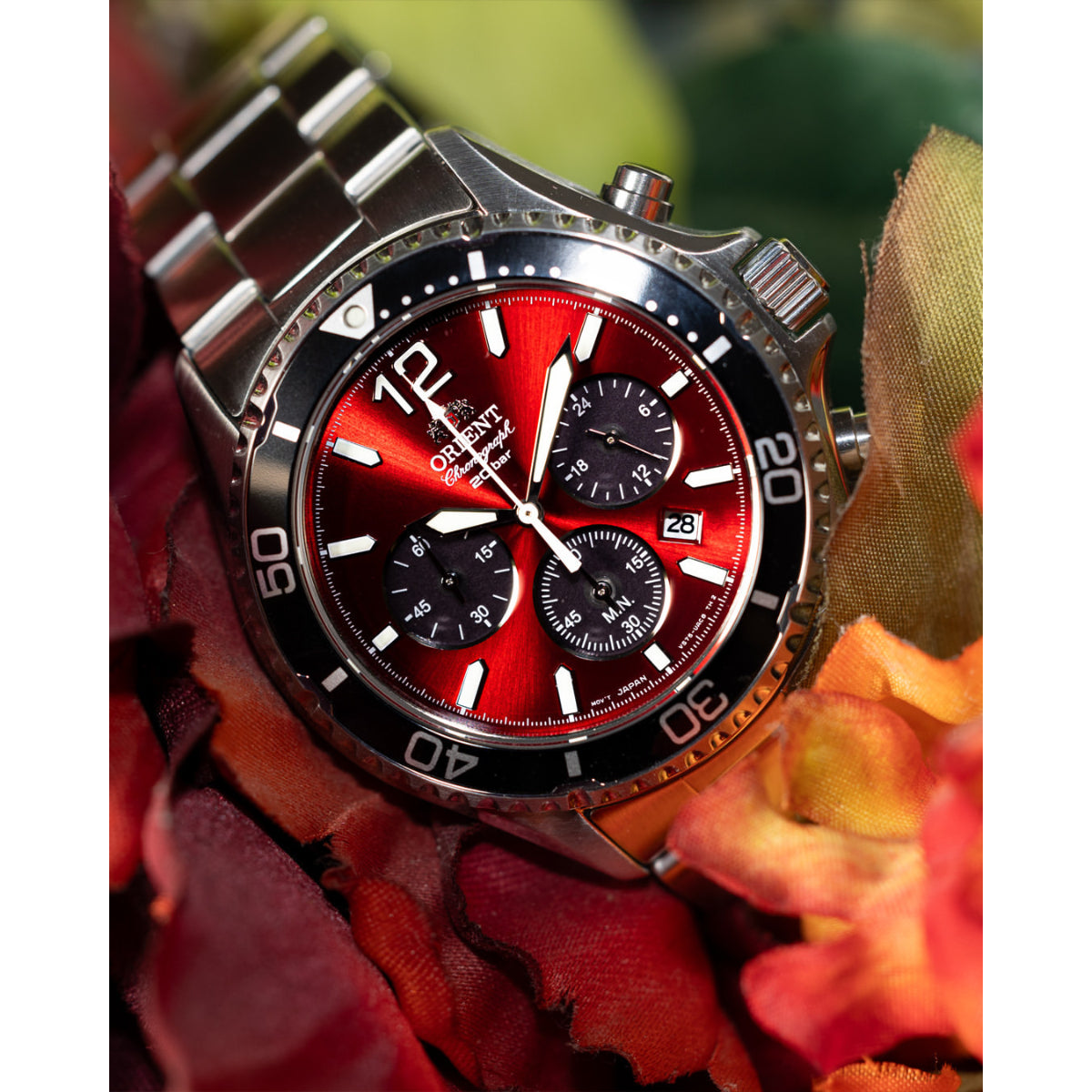 Orient RA-TX0207R10B Mako red chronograph watch styled with red flowers and fabric