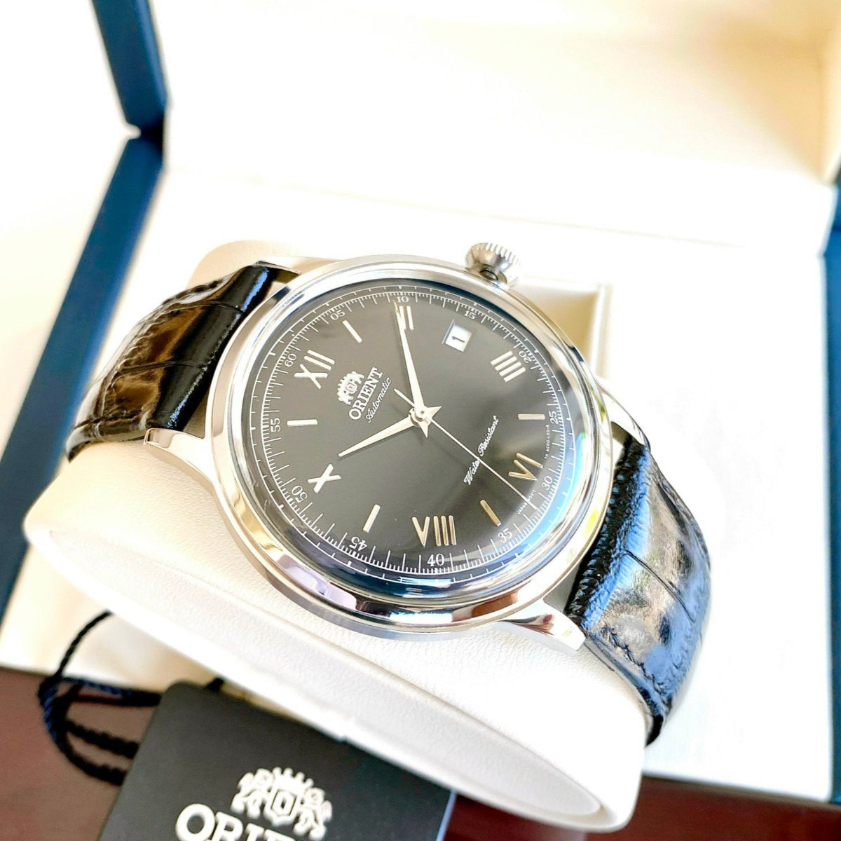ORIENT Bambino 40,5 mm Klassische Version 2 Schwarzes Zifferblatt Leder Herren Automatikarmbanduhr TAC0000AB0