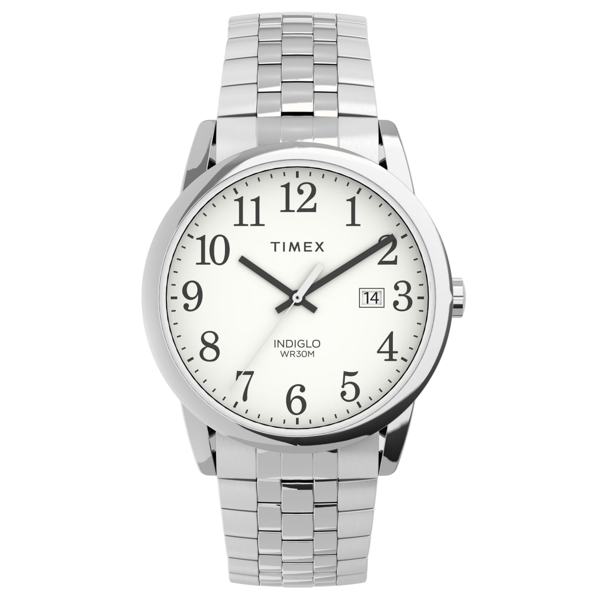 Timex Easy Reader TW2V40000 front view displaying white dial with Arabic numerals, date window, and steel expansion band