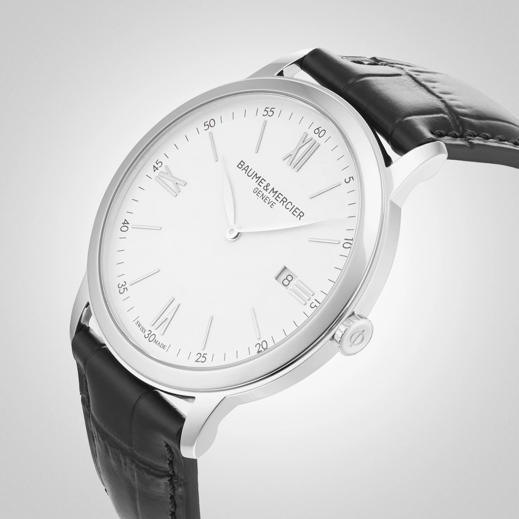 Baume & Mercier Classima Quarz Weiß Zifferblatt Schwarzes Lederarmband Herren Uhr BM0A10323