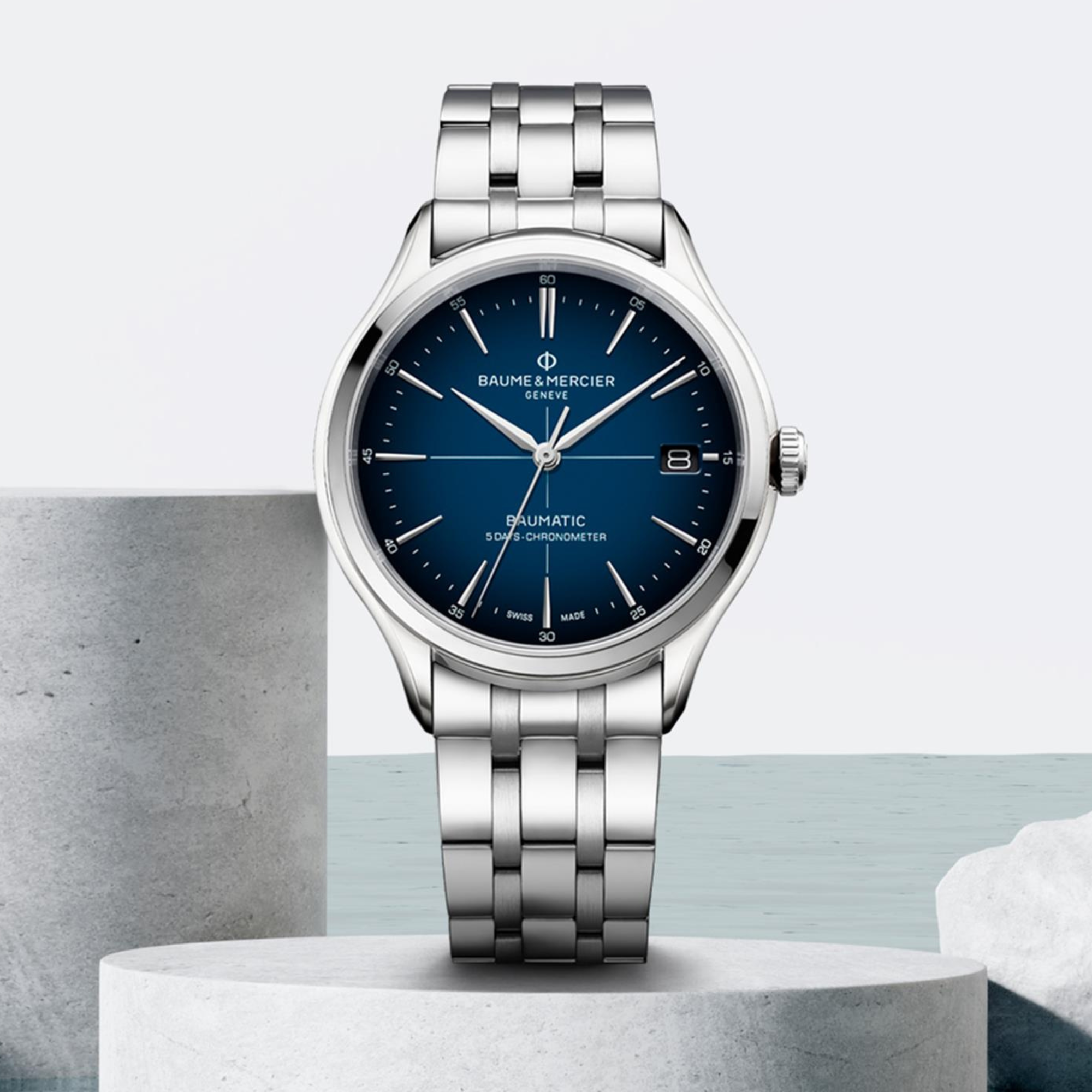 Baume & Mercier Clifton Baumatic Automatik Blaues Zifferblatt Edelstahlarmband Herren Uhr BM0A10468
