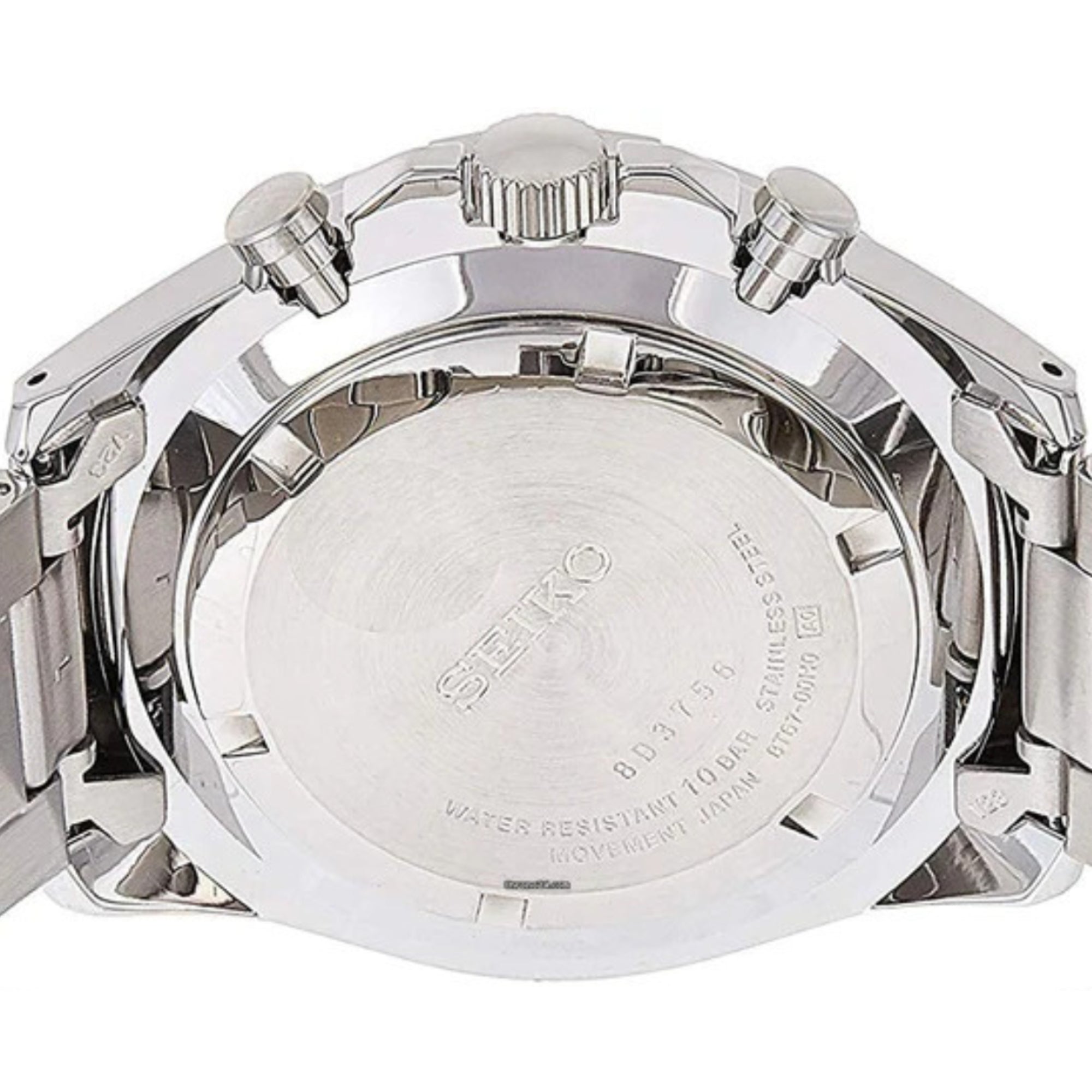 Seiko Essentials watch with stainless steel case back on a white background
