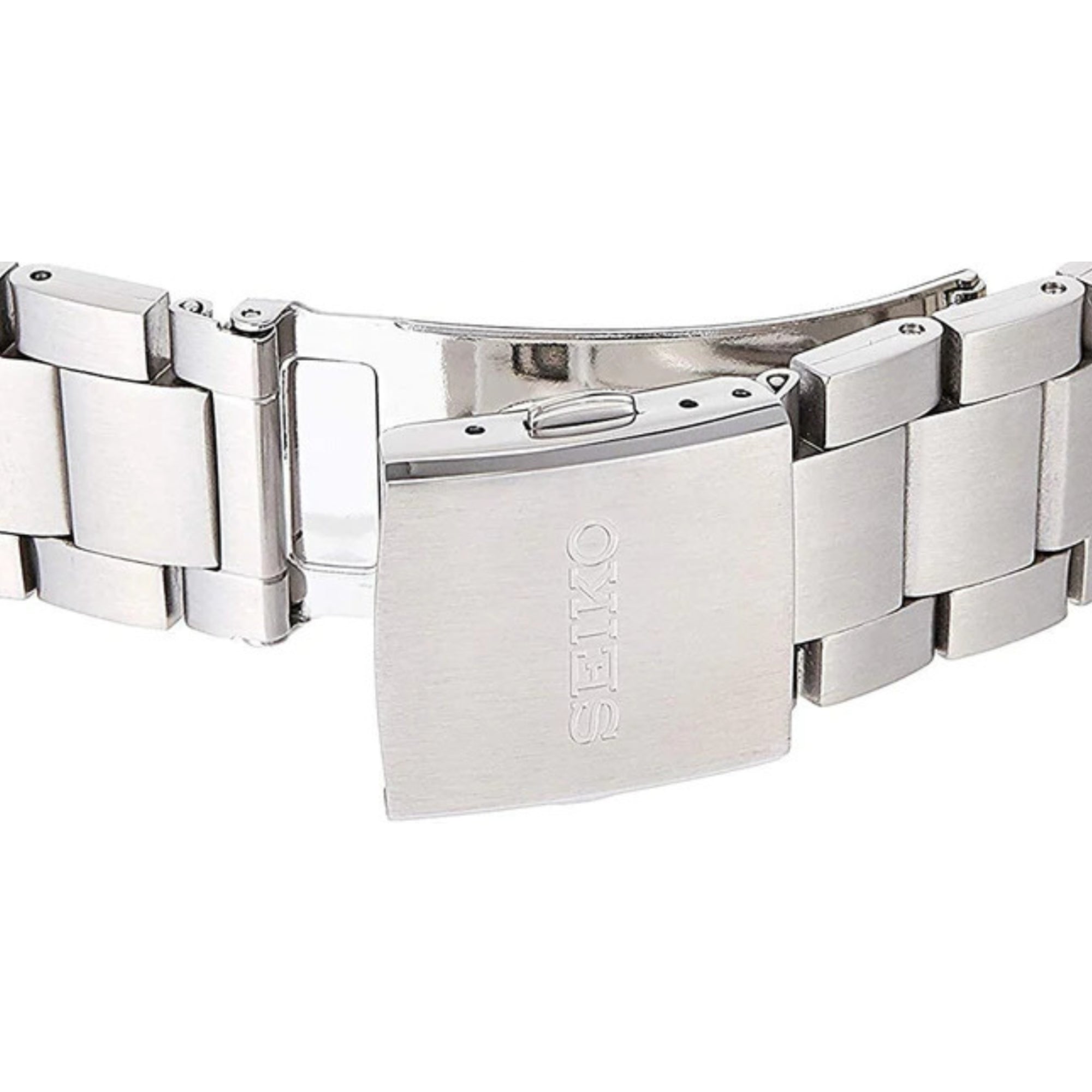 Seiko Essentials watch with stainless steel deployant clasp on a white background