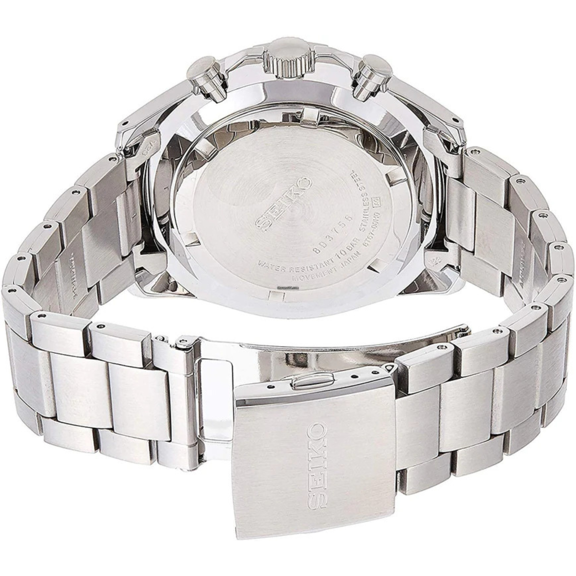 Rear view of Seiko Essentials SSB377P1 chronograph with stainless steel bracelet and caseback