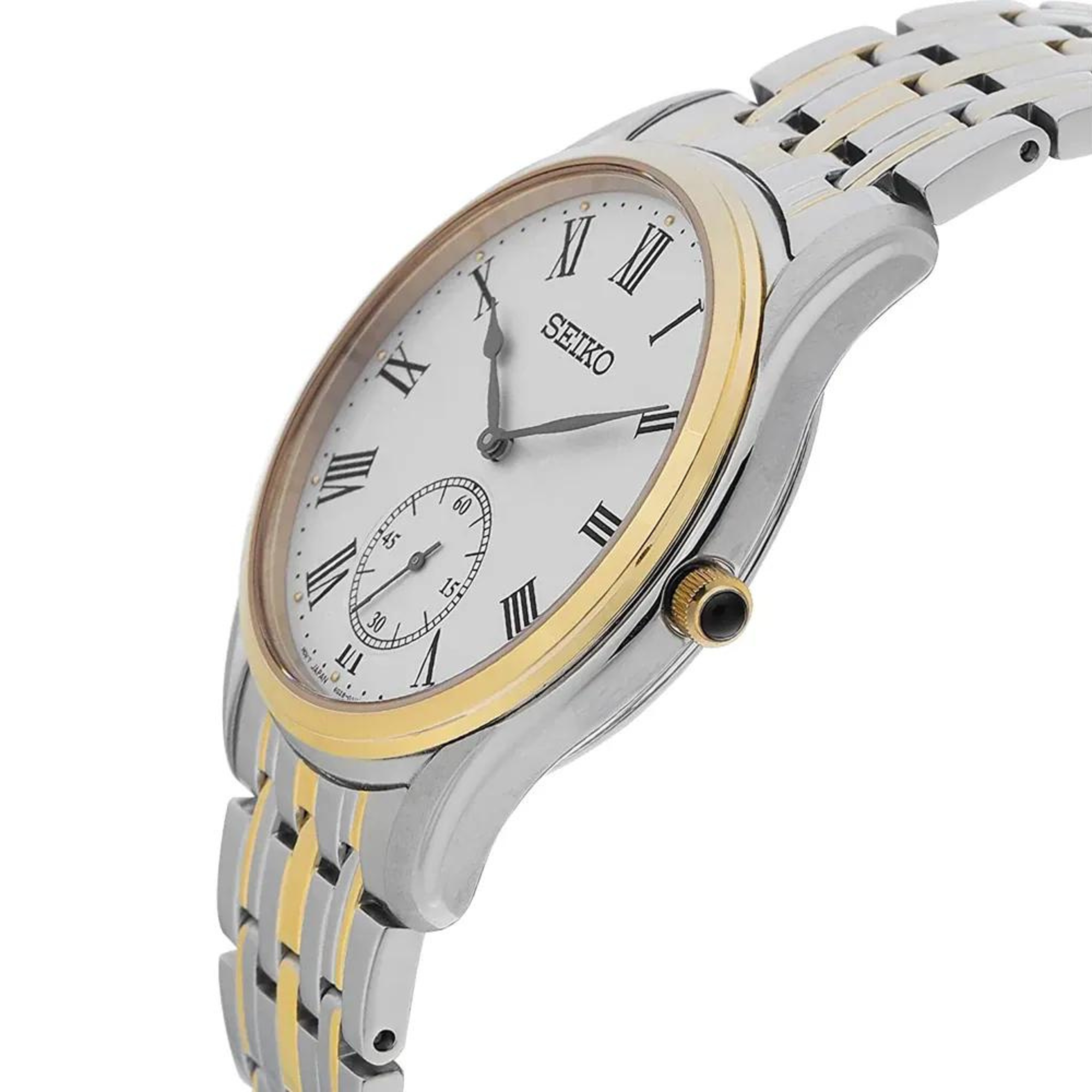 Seiko Essentials watch SKU SRK048P1 featuring a white dial with Roman numerals, a gold-tone bezel, and a two-tone stainless steel bracelet