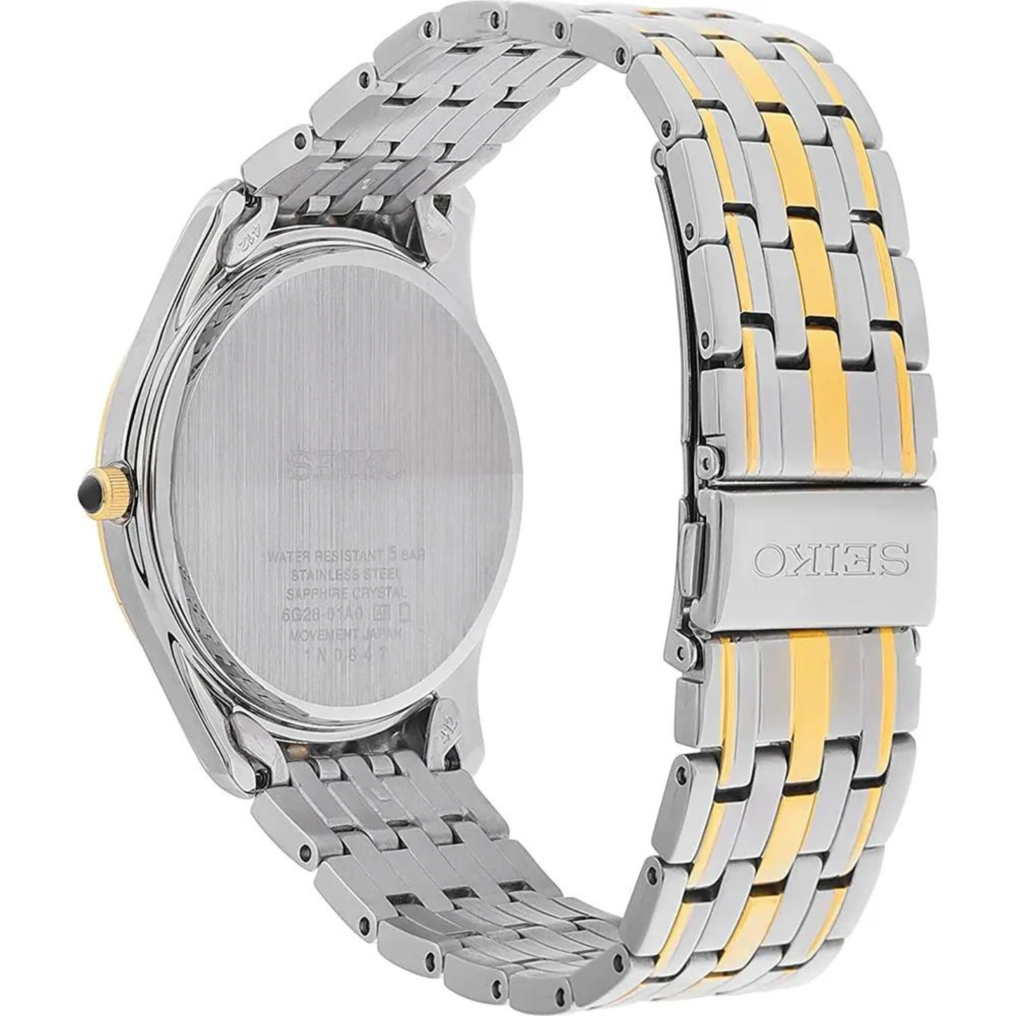 Seiko Essentials watch SRK048P1 showcasing the stainless steel case back with a two-tone gold and silver link bracelet with a clasp