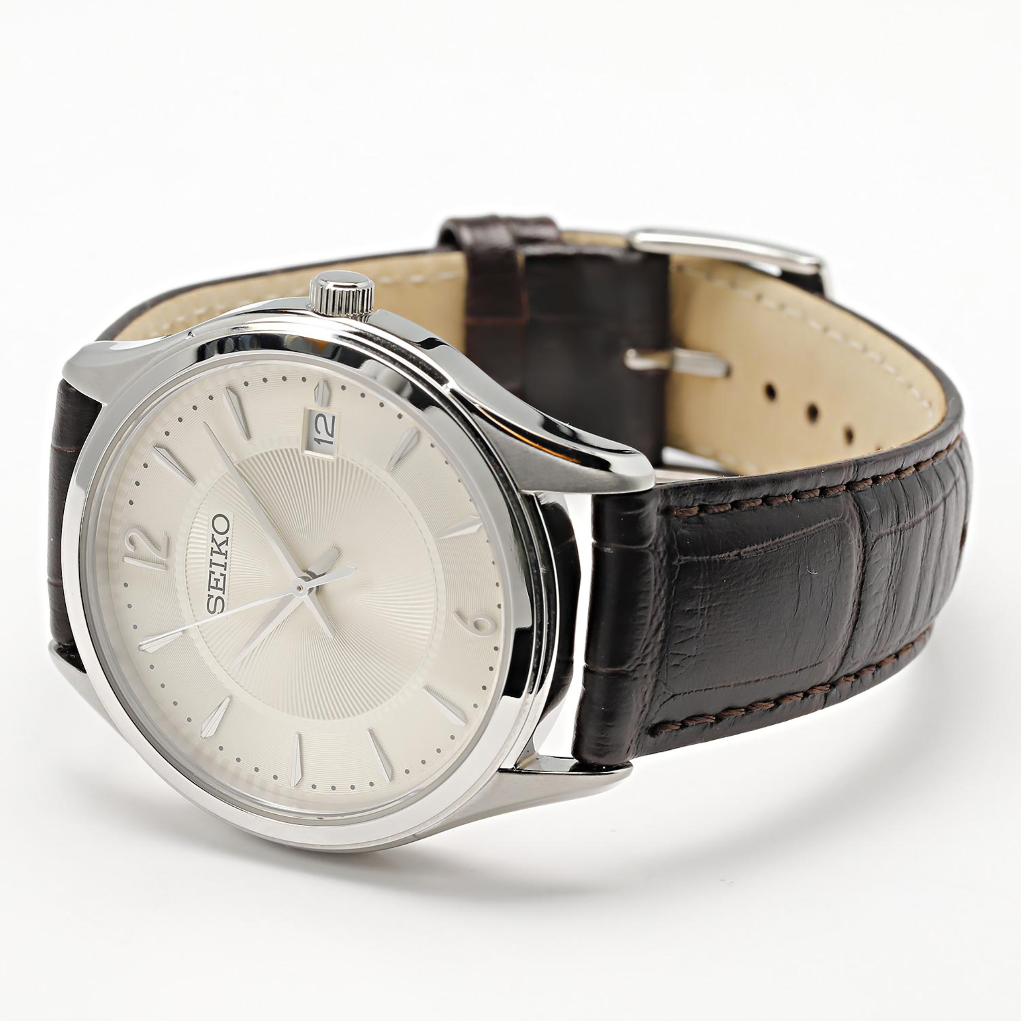 Seiko Essentials 39mm Ivory Dial Leather Mens Quartz Watch SUR421P1